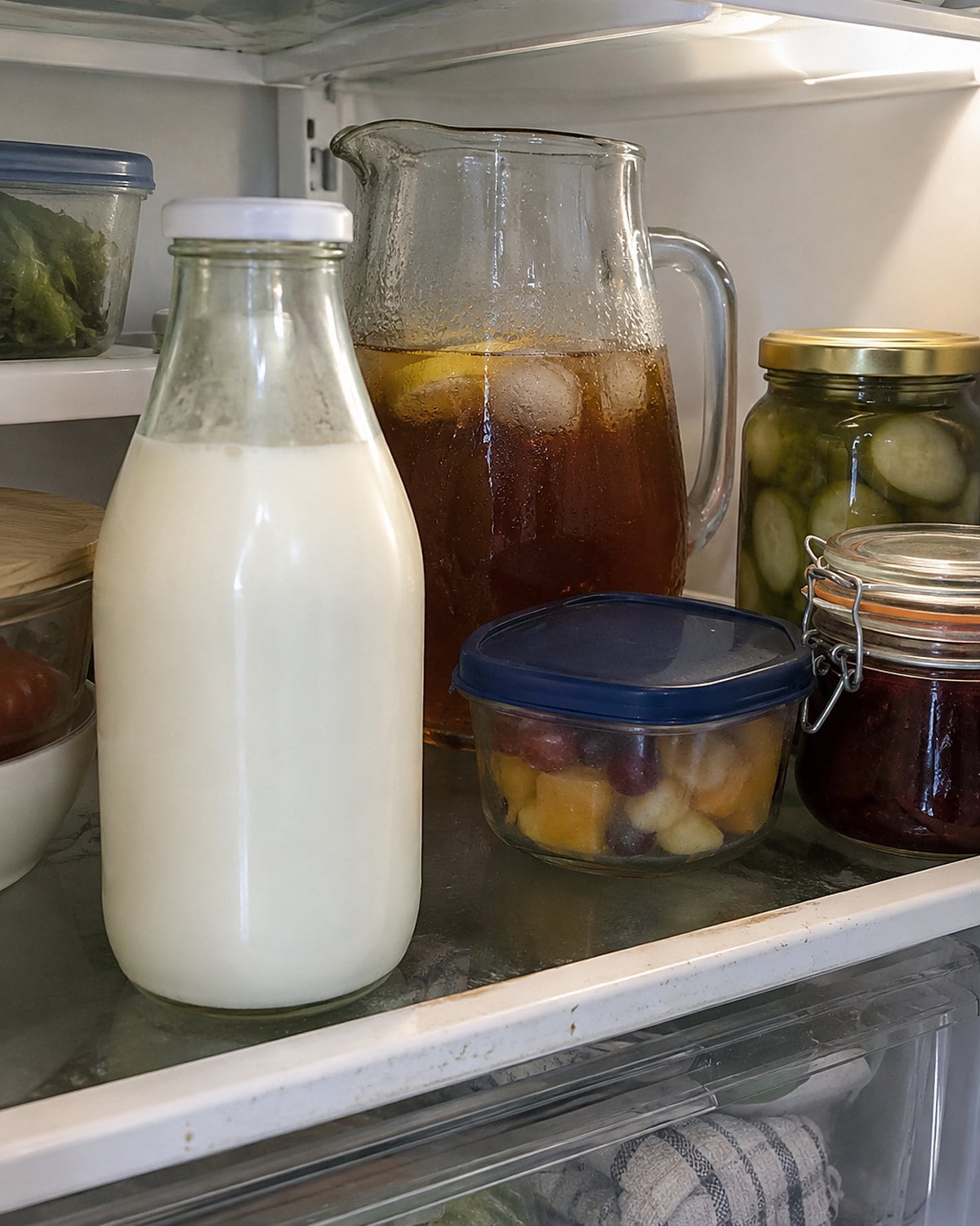 A glass pitcher of iced tea tucked behind milk and jars in a refrigerator.