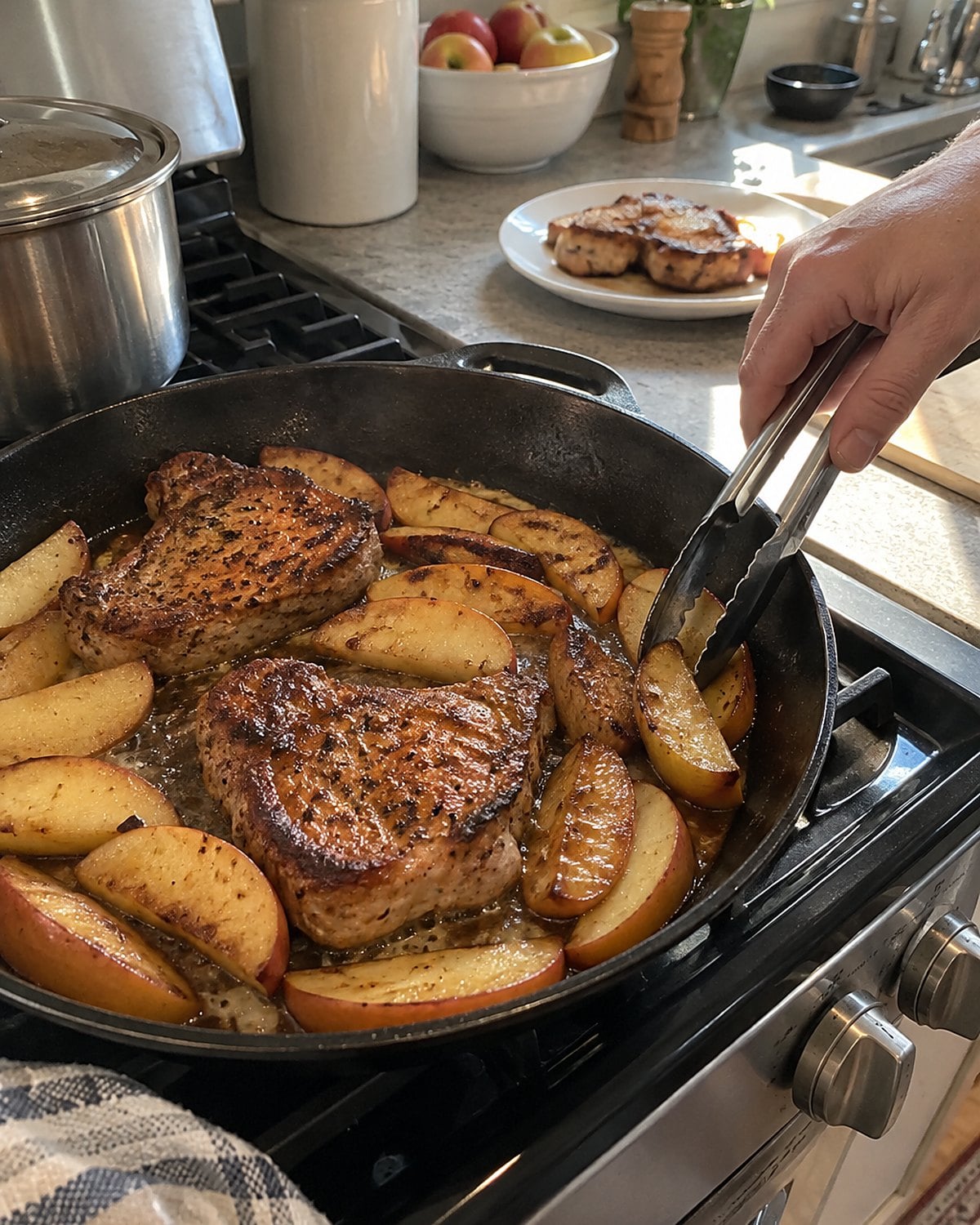 Thick apple slices browning in a skillet beside cooked pork chops on the stove.