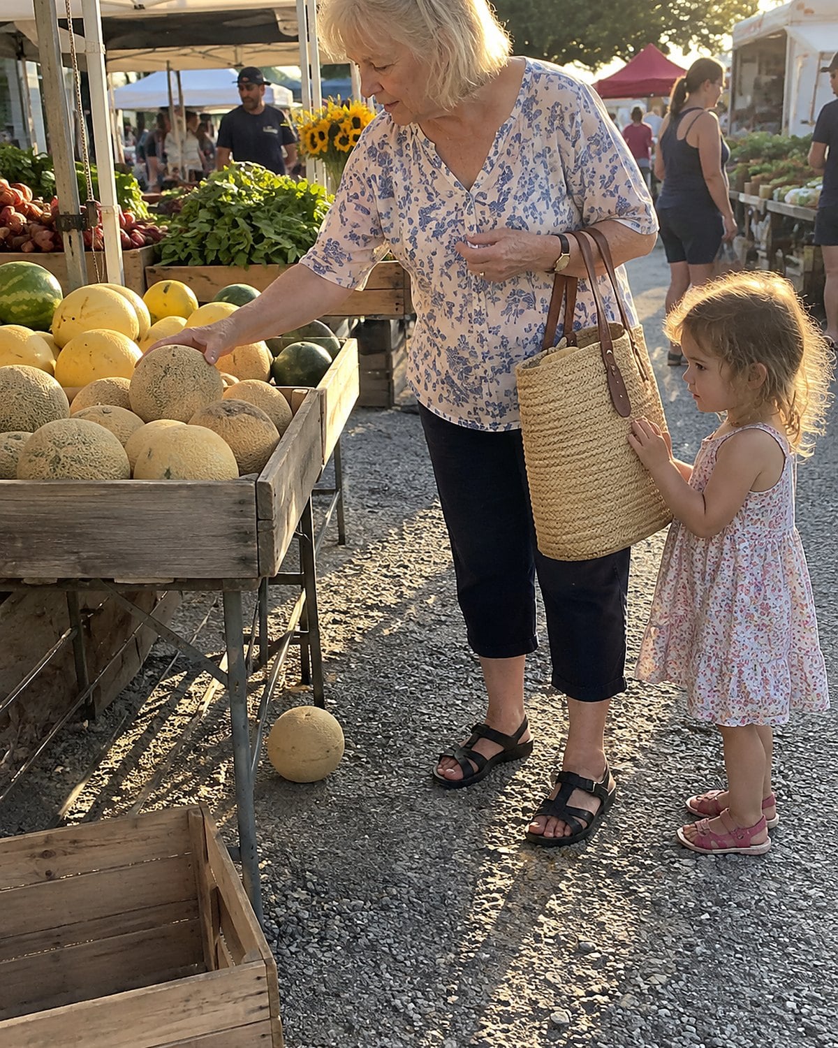 At a farmers-market stall in late afternoon, a woman reaches for a melon while a small grandchild holds the edge of her shopping bag.