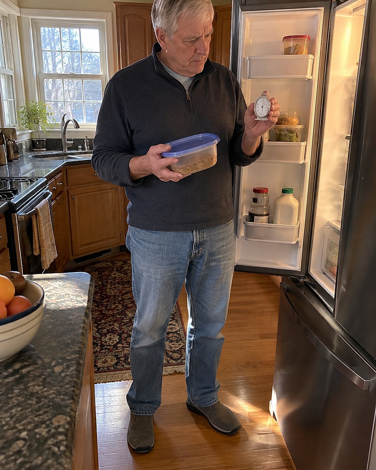 A hand holds a lidded tub of leftovers beside an appliance thermometer inside the fridge.