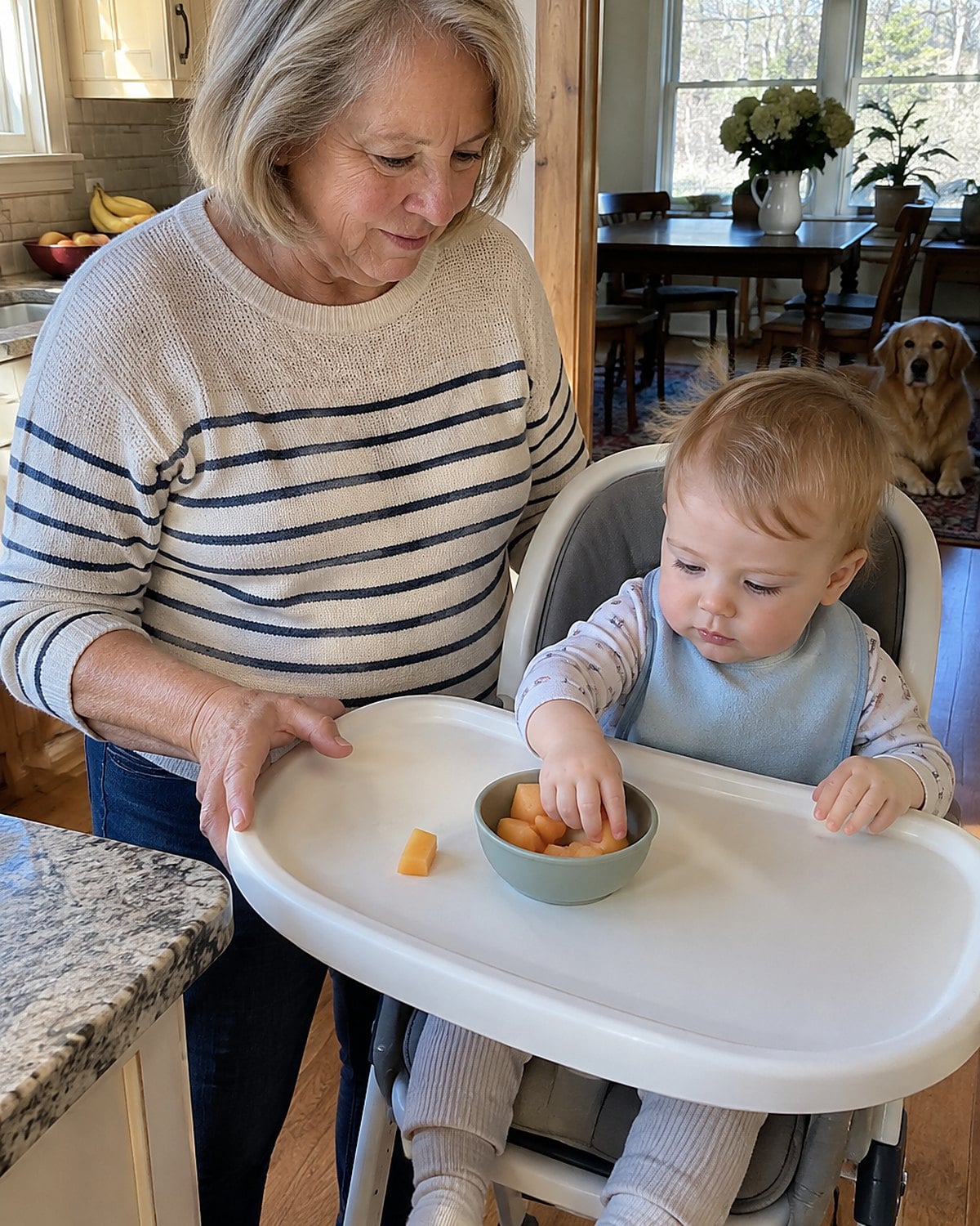 A grandchild's hand reaches toward a small bowl of cut melon on a high chair tray.