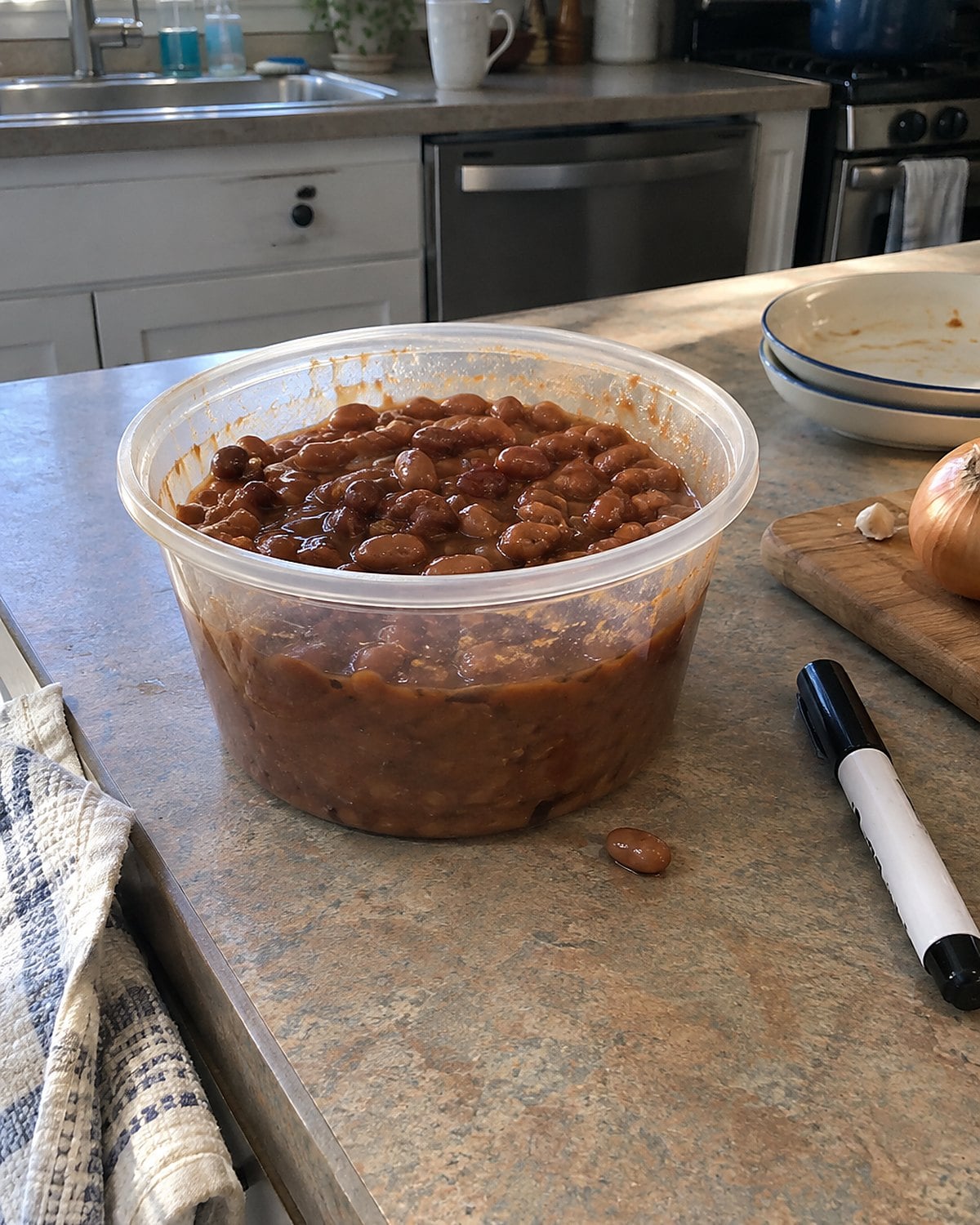 Cooked beans sit in a reused yogurt tub beside a marker on the counter.