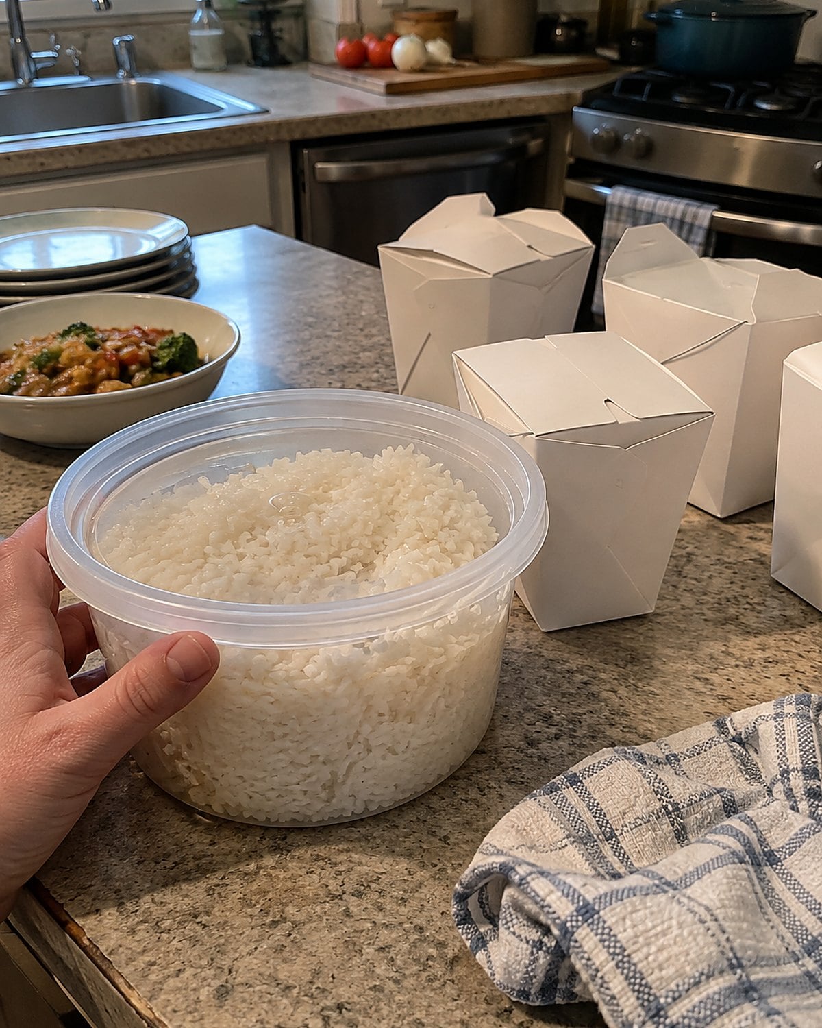 A lidded tub of cooked rice sits beside takeout menus on the counter.