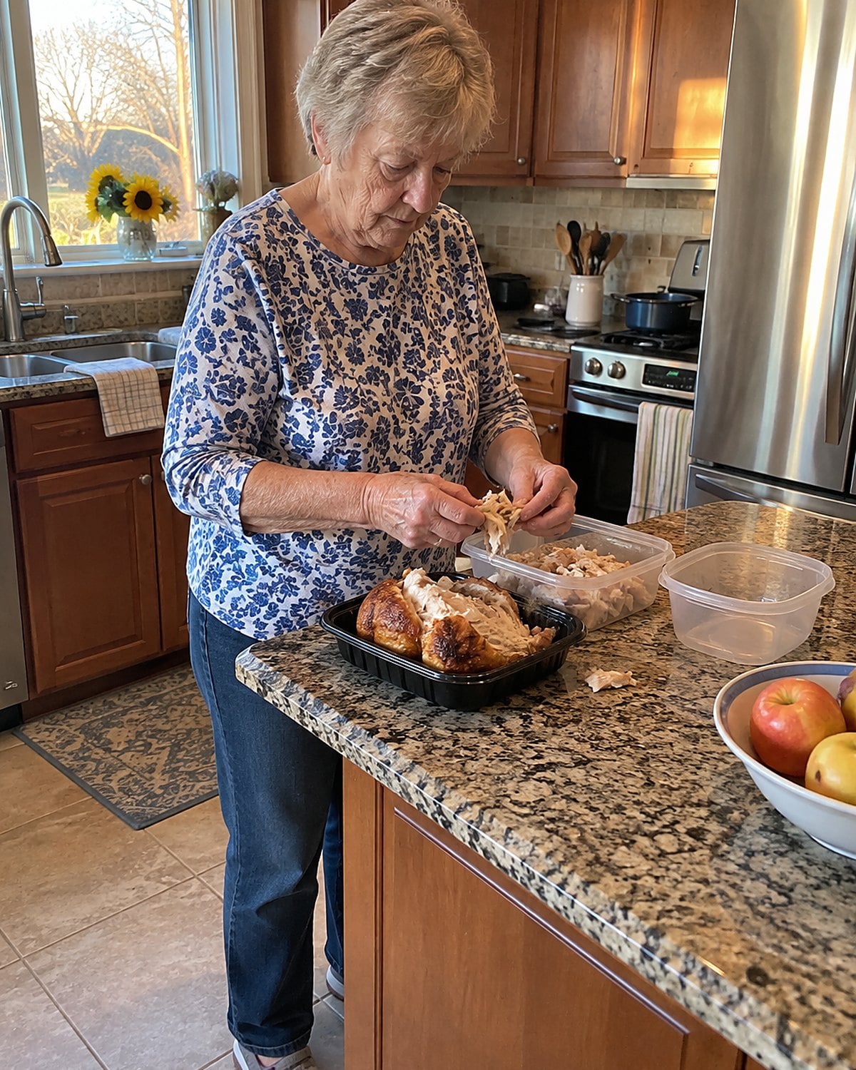 Hands pull meat from a rotisserie chicken into small containers at the kitchen counter.