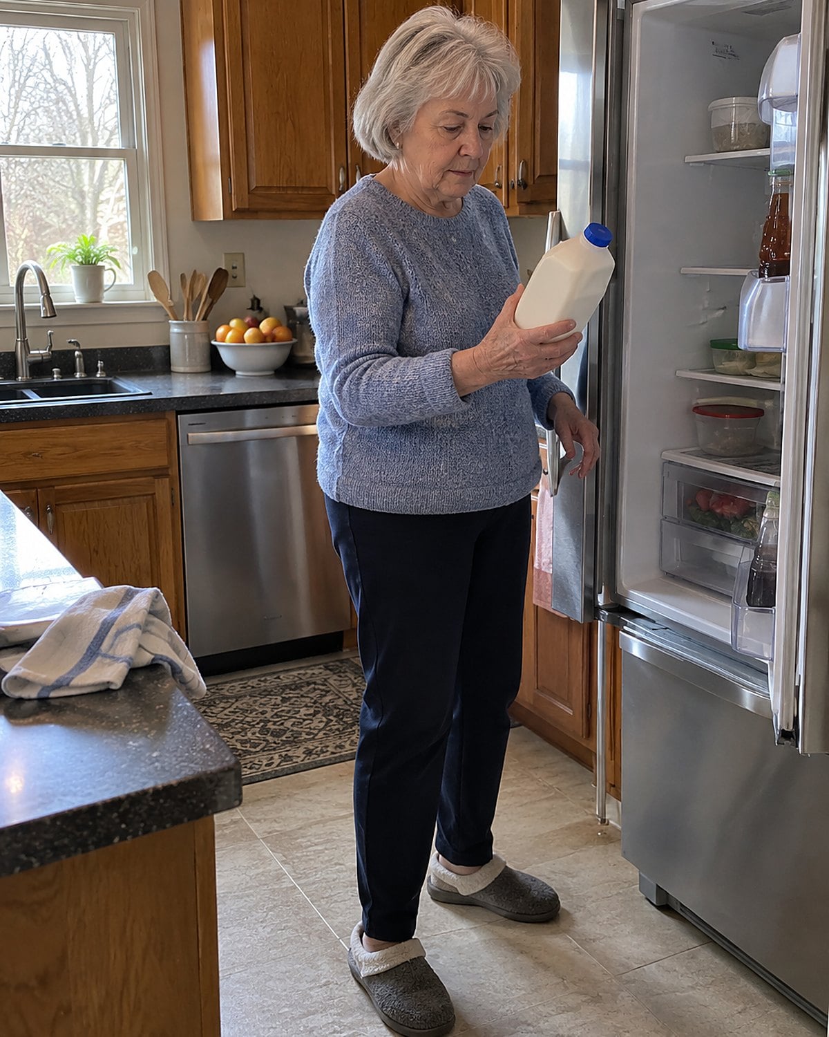 A hand lifts a milk carton from an open refrigerator after a power outage.