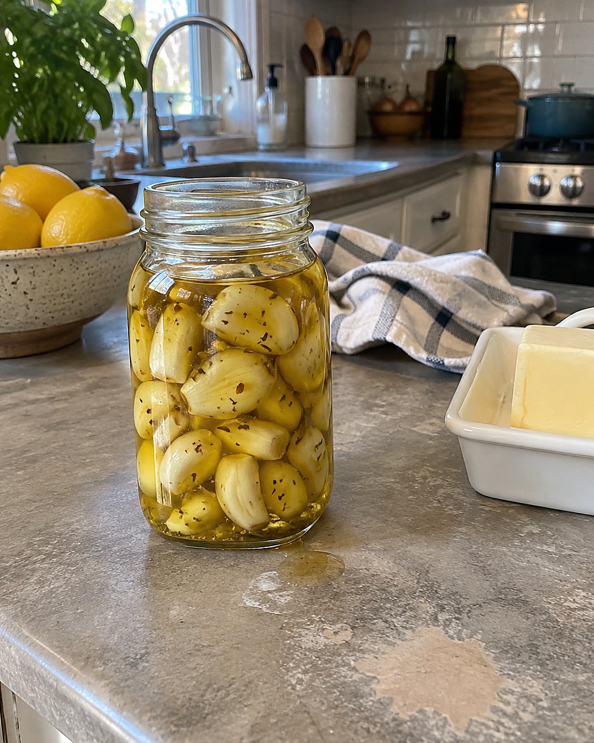 A small bottle of garlic cloves in oil sits beside a butter dish on a kitchen counter.