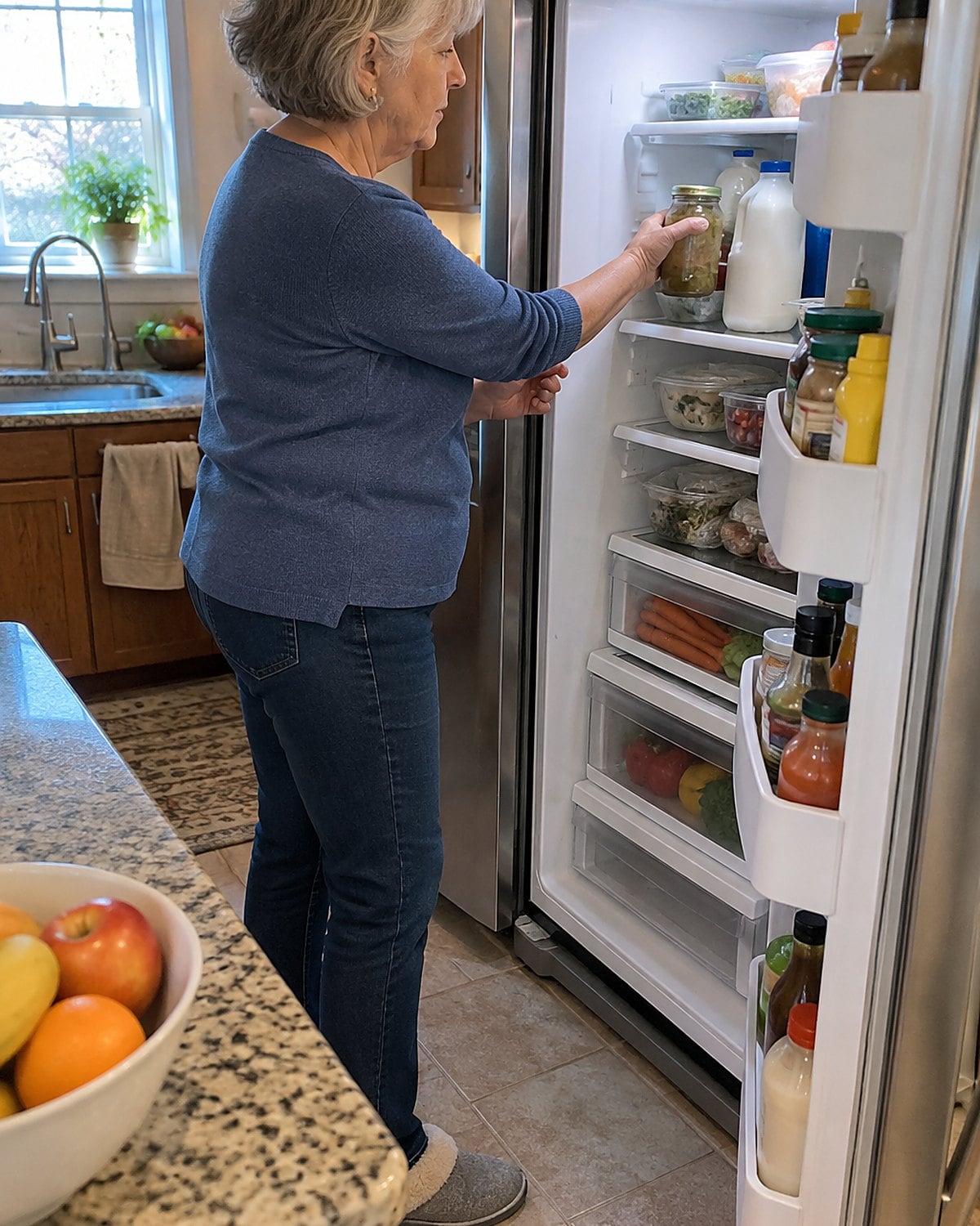 A hand lifts a nearly empty pickle jar from behind a milk carton in the fridge.