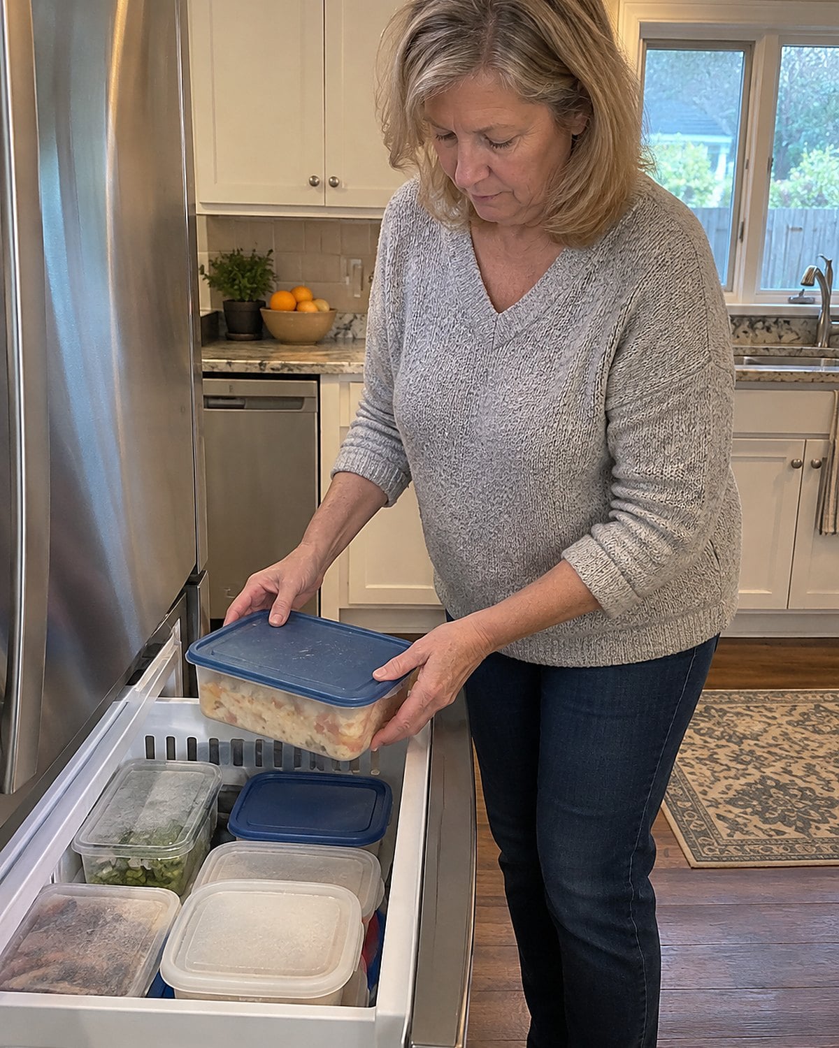 Hands hold a blue-lidded casserole tub above an open freezer drawer.