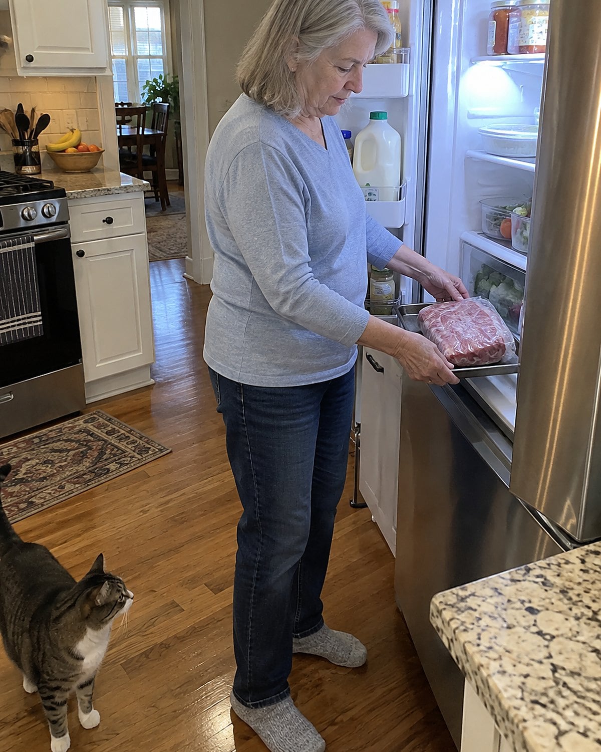 Hands set a wrapped package of thawing meat onto a rimmed tray in the fridge.