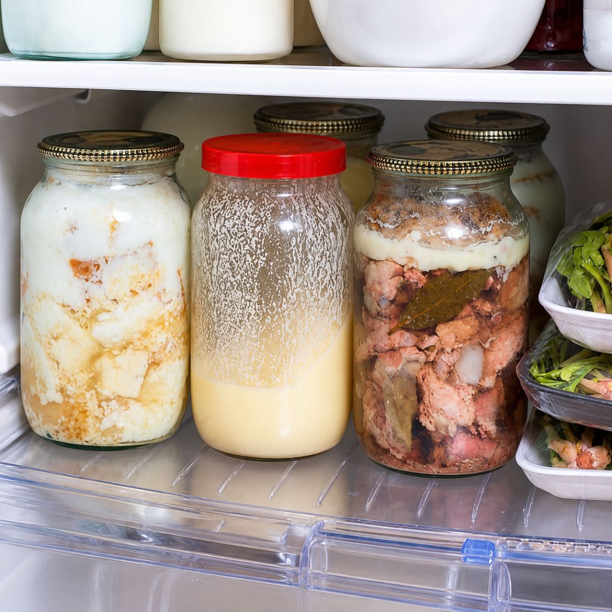 fridge foods throw out - 3 jars in the fridge that look unappetizing