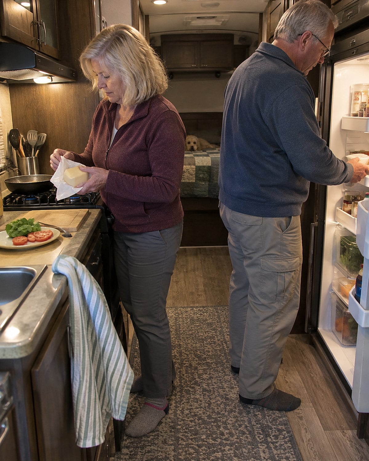 In an RV galley kitchen at evening, a couple in their sixties stands by the stove light as one opens the small fridge and the other holds a cheese packet, neither posing.