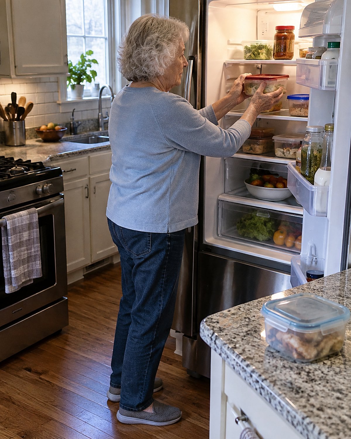 An older woman's hand moves a leftover container onto a clear eye-level fridge shelf.