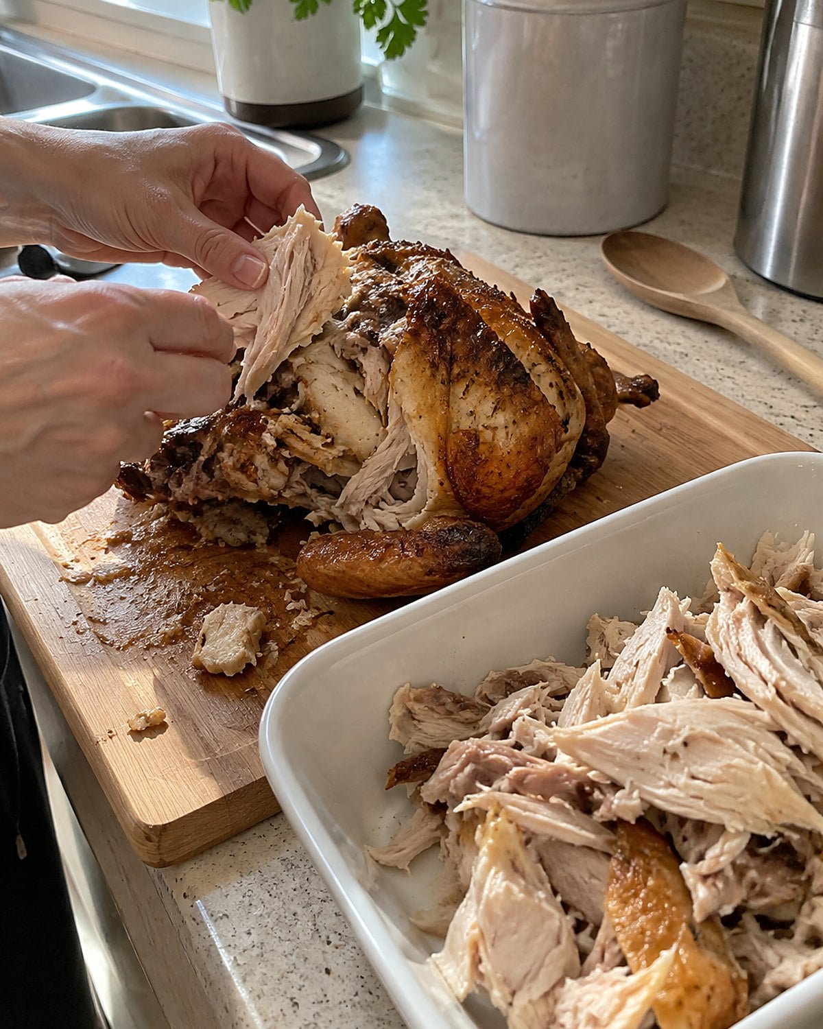 A picked-over rotisserie chicken sits beside a shallow container of pulled meat on a kitchen counter.
