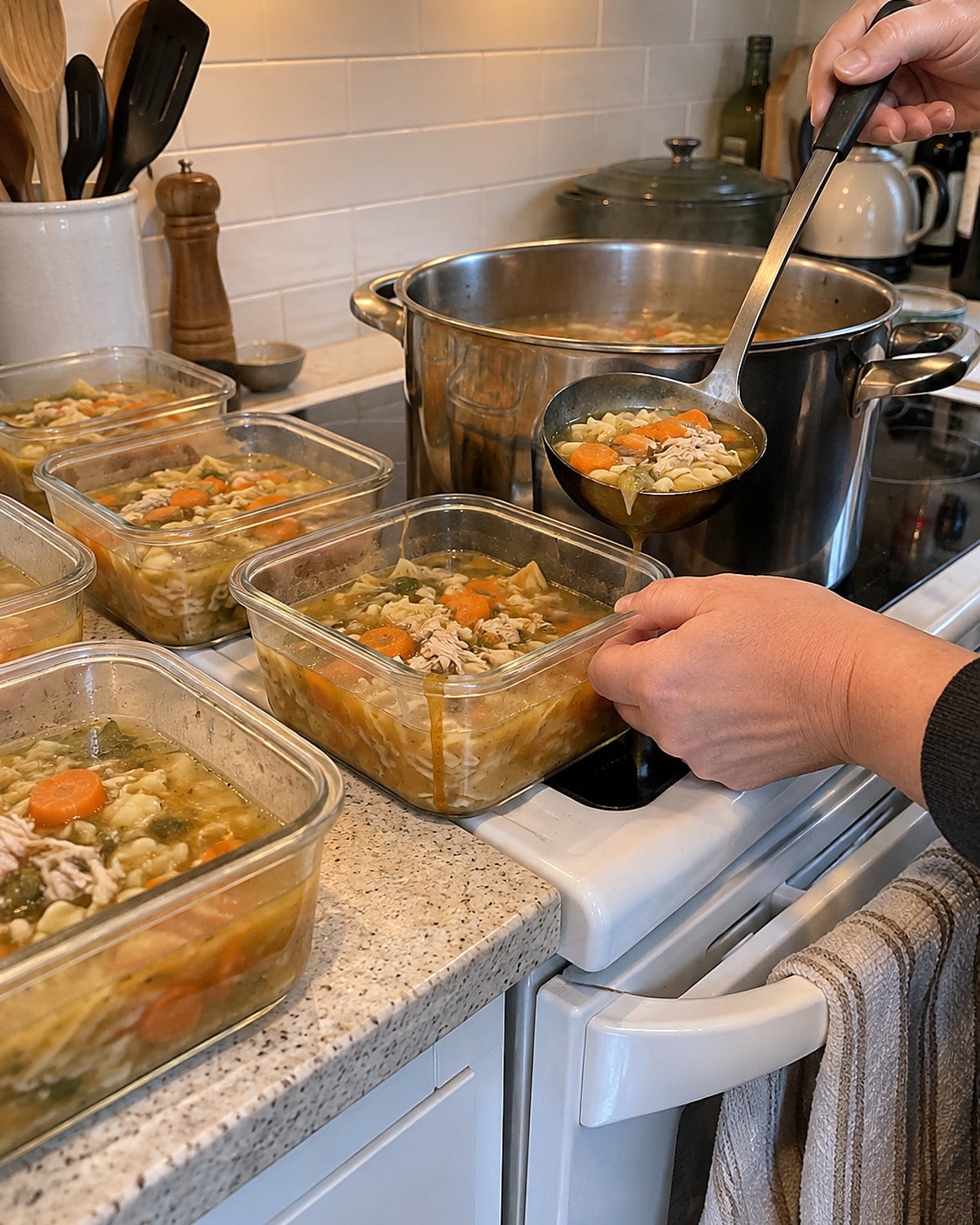 A large soup pot sits on a white stove beside shallow containers being filled with soup.