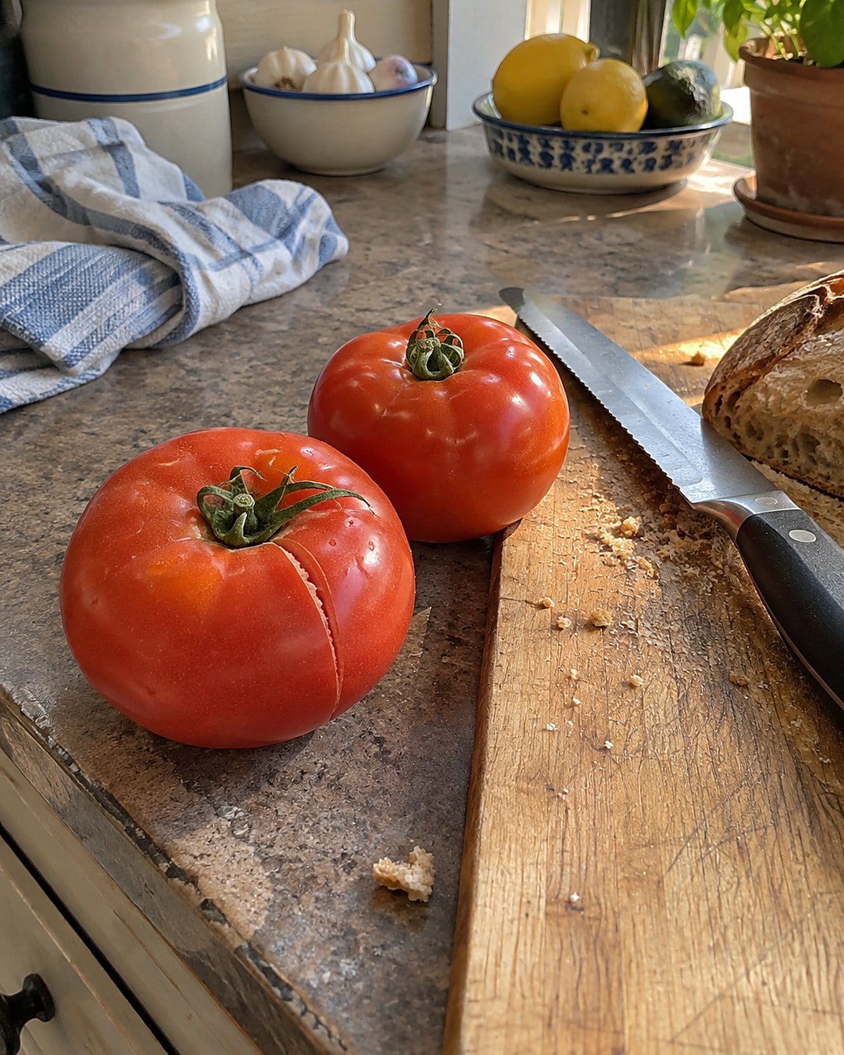 Two ripe tomatoes rest on a porch counter beside a cutting board and a bread knife.