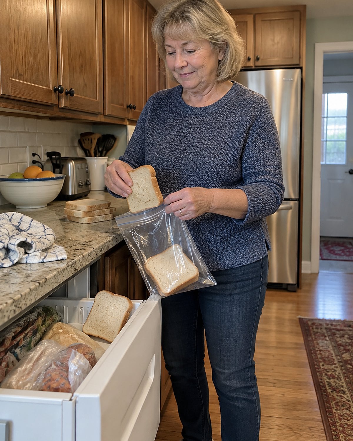 A hand places divided slices of bread into a freezer bag beside an open freezer drawer.