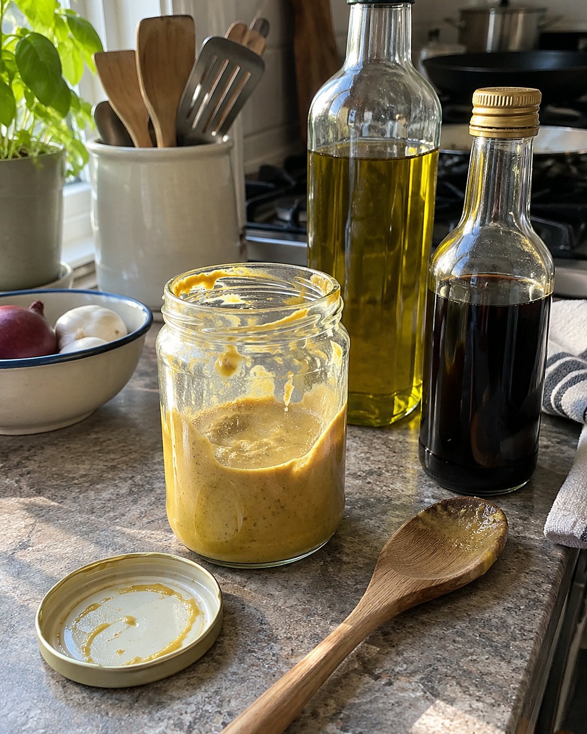 A nearly empty mustard jar sits open beside oil and vinegar on a worn kitchen counter.