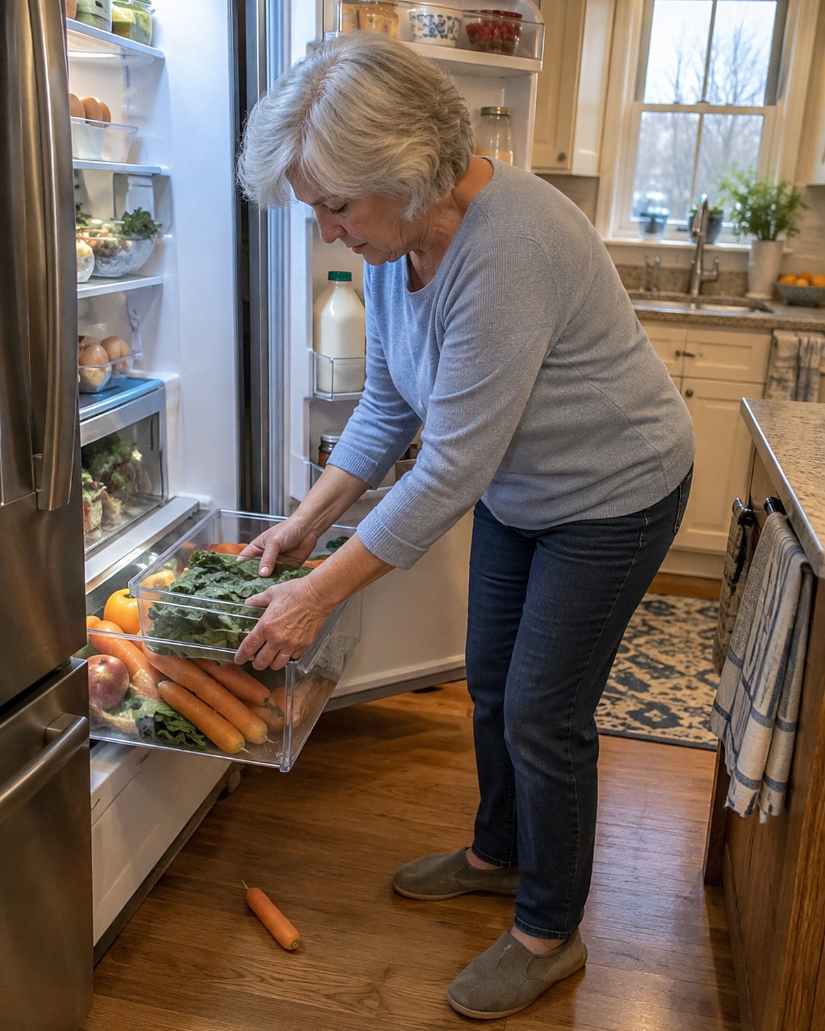 A hand frees a box of salad greens from beneath carrots in a crowded produce drawer.