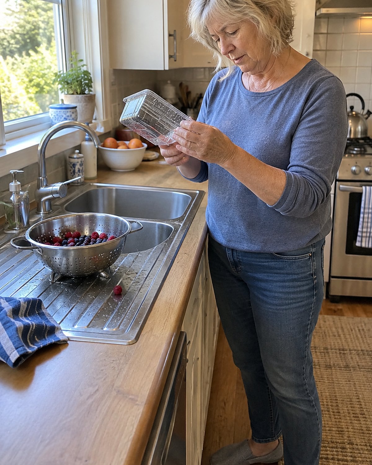Hands inspect the underside of an open berry box at the sink, with a bruised berry set aside.