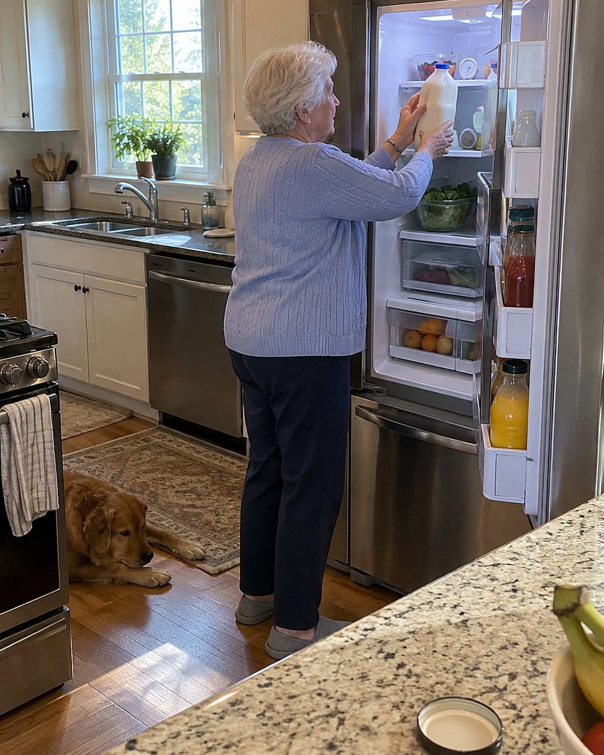 A hand moves a milk carton from the fridge door to an inside shelf beside a small thermometer.