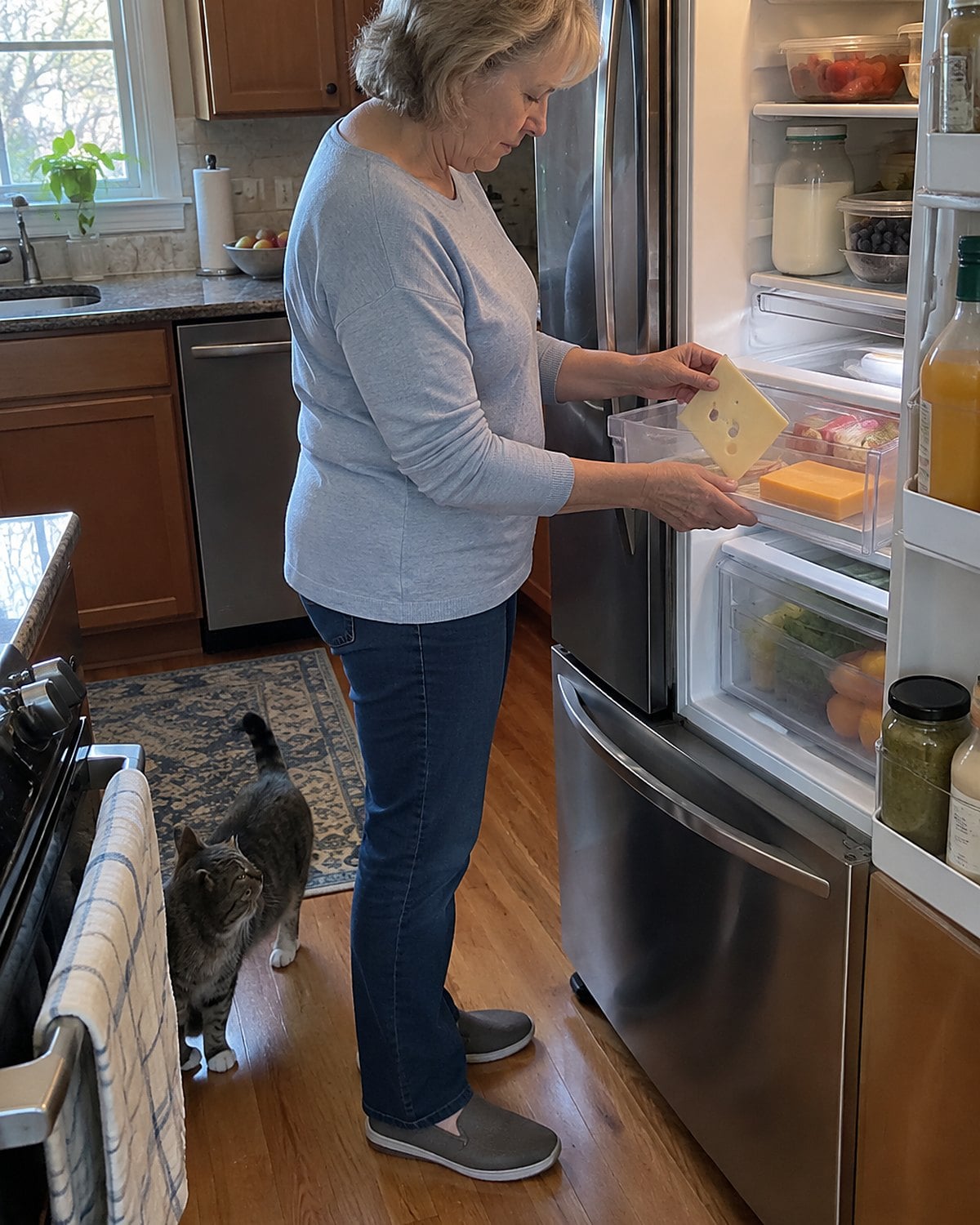 Older woman's hands lift sliced Swiss to reveal a partly used cheddar block in a fridge drawer.