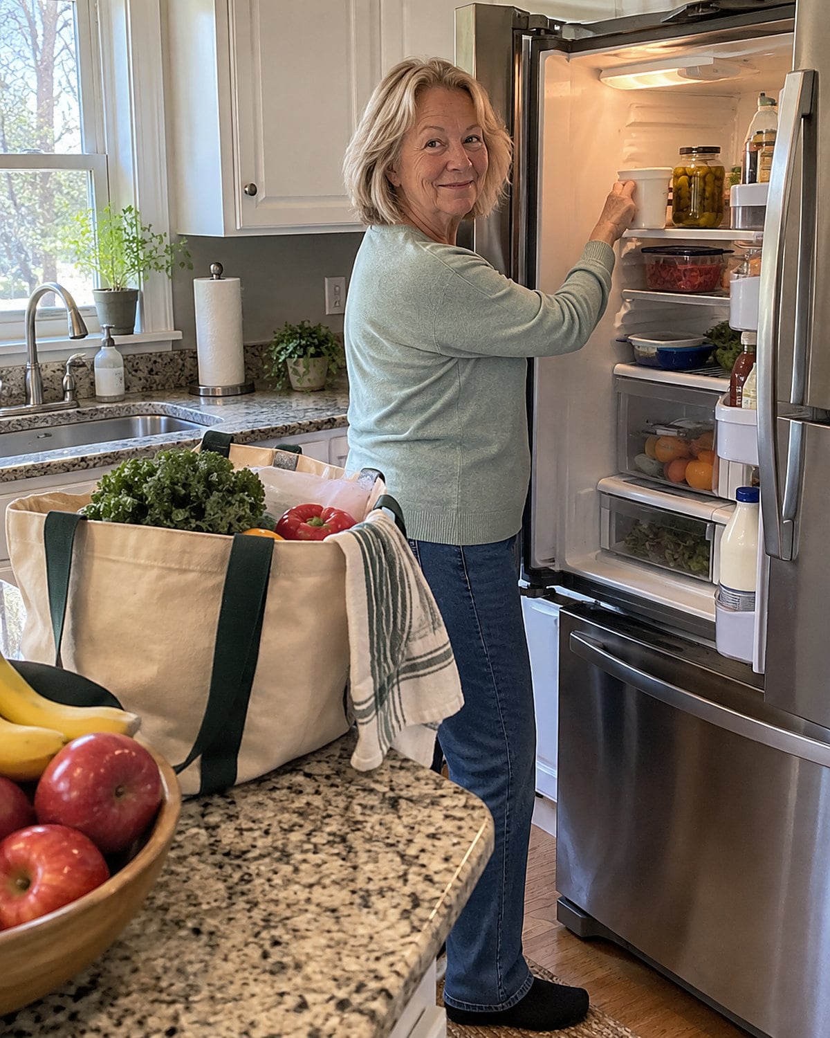 A hand opens the fridge behind a grocery tote, revealing a sour cream tub beside the pickles.