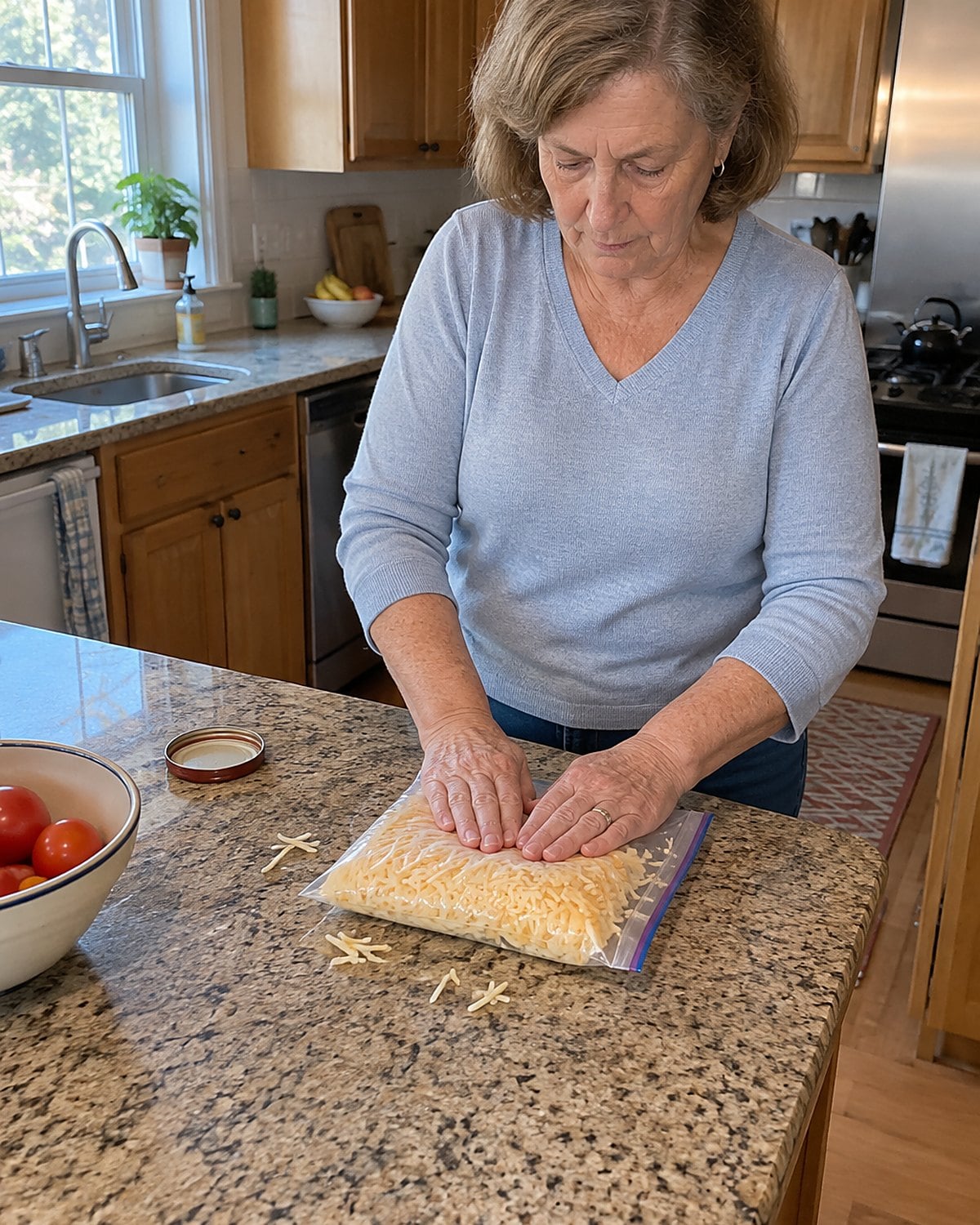 Hands press air from a flat freezer bag of shredded cheese at the counter.