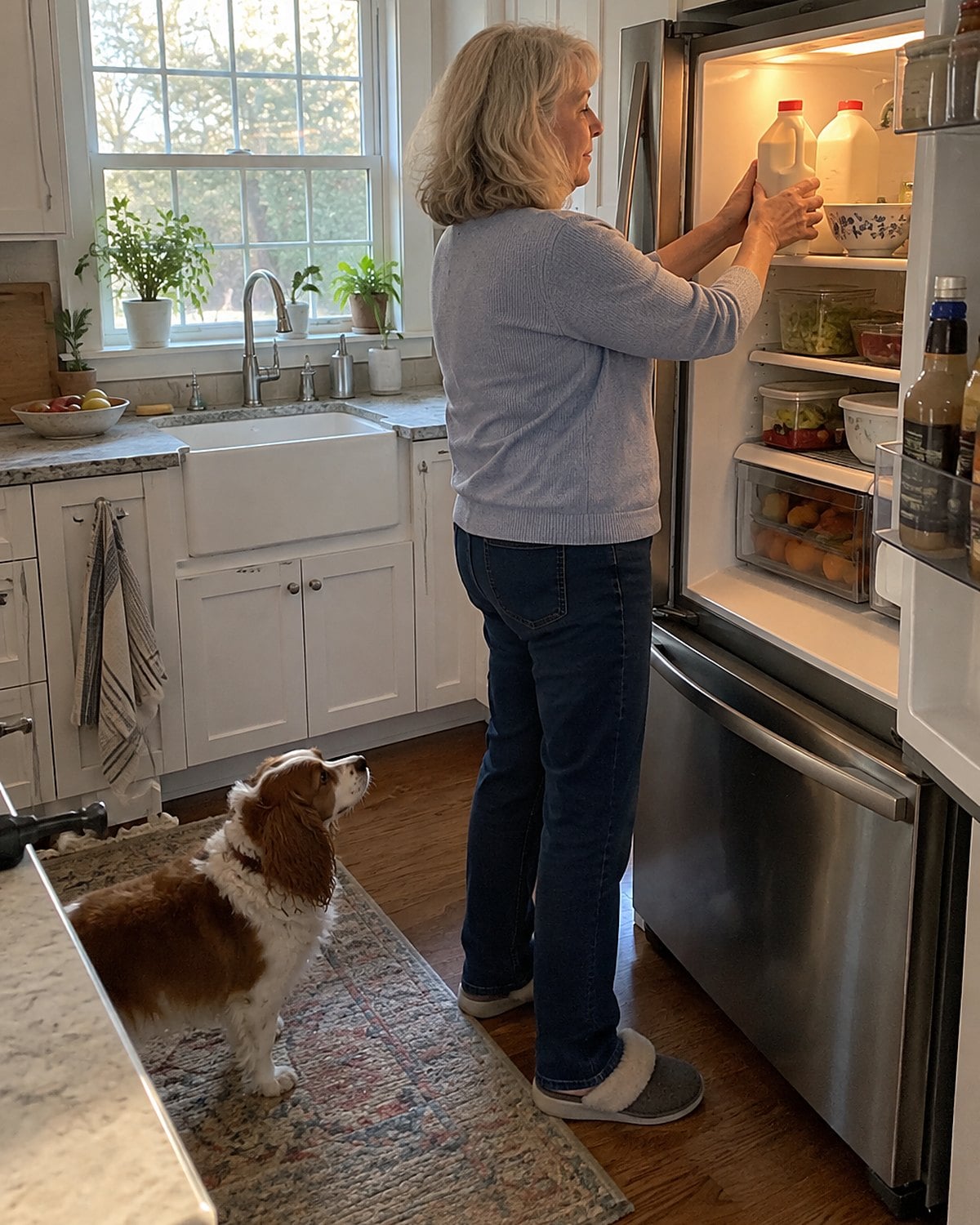 A hand moves an opened milk carton in front of an unopened carton on a fridge shelf.
