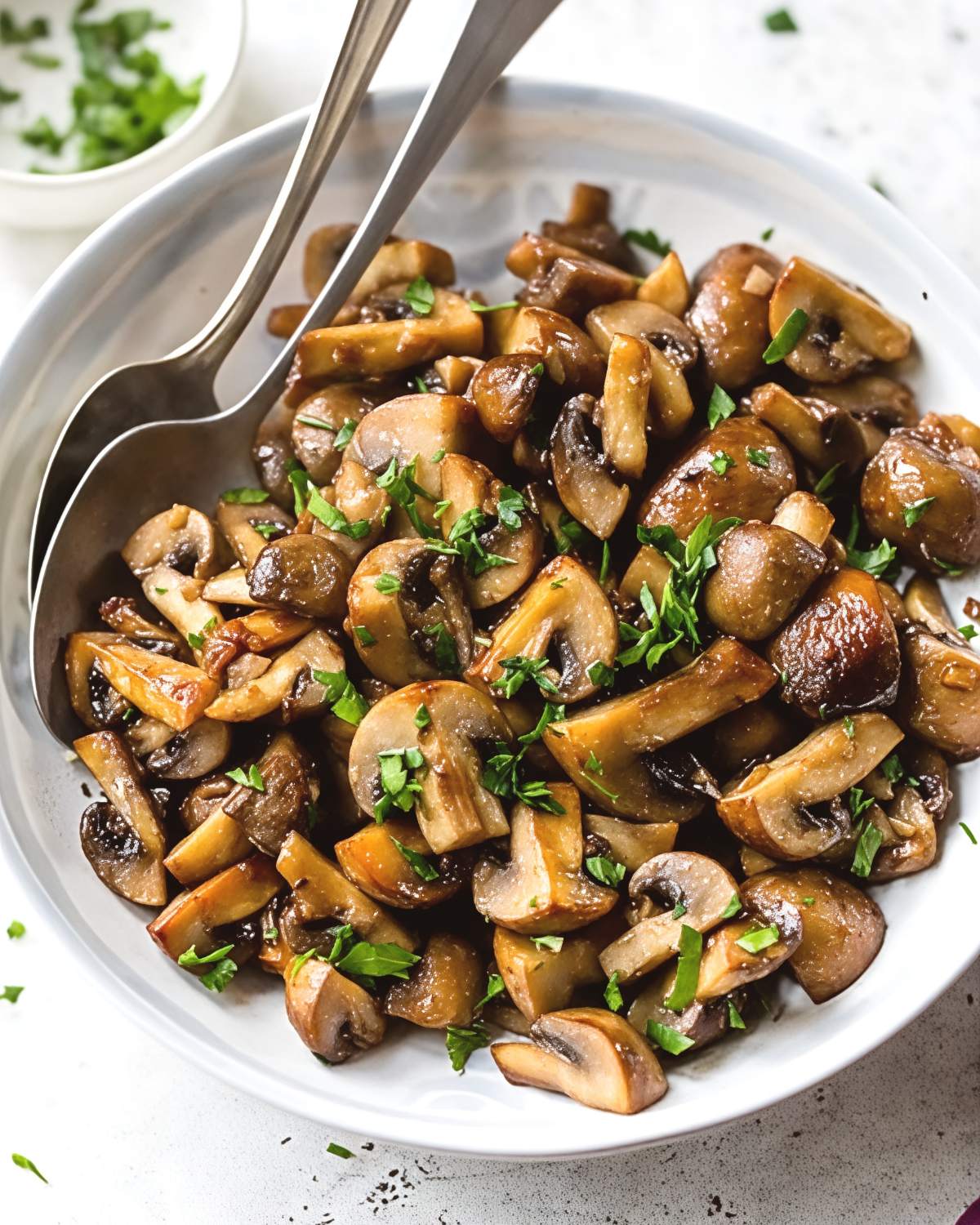A bowl of savory sautรฉed garlic butter mushrooms garnished with fresh chopped parsley and serving spoons, ideal for Thanksgiving side dishes for a crowd.