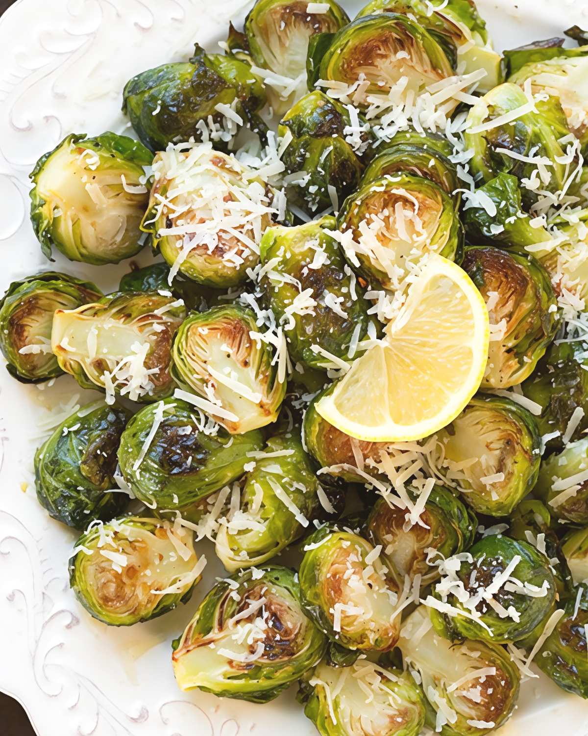 Halved roasted Brussels sprouts with crispy golden-brown edges are sprinkled with shredded Parmesan cheese and served on a white platter with a fresh lemon wedge.