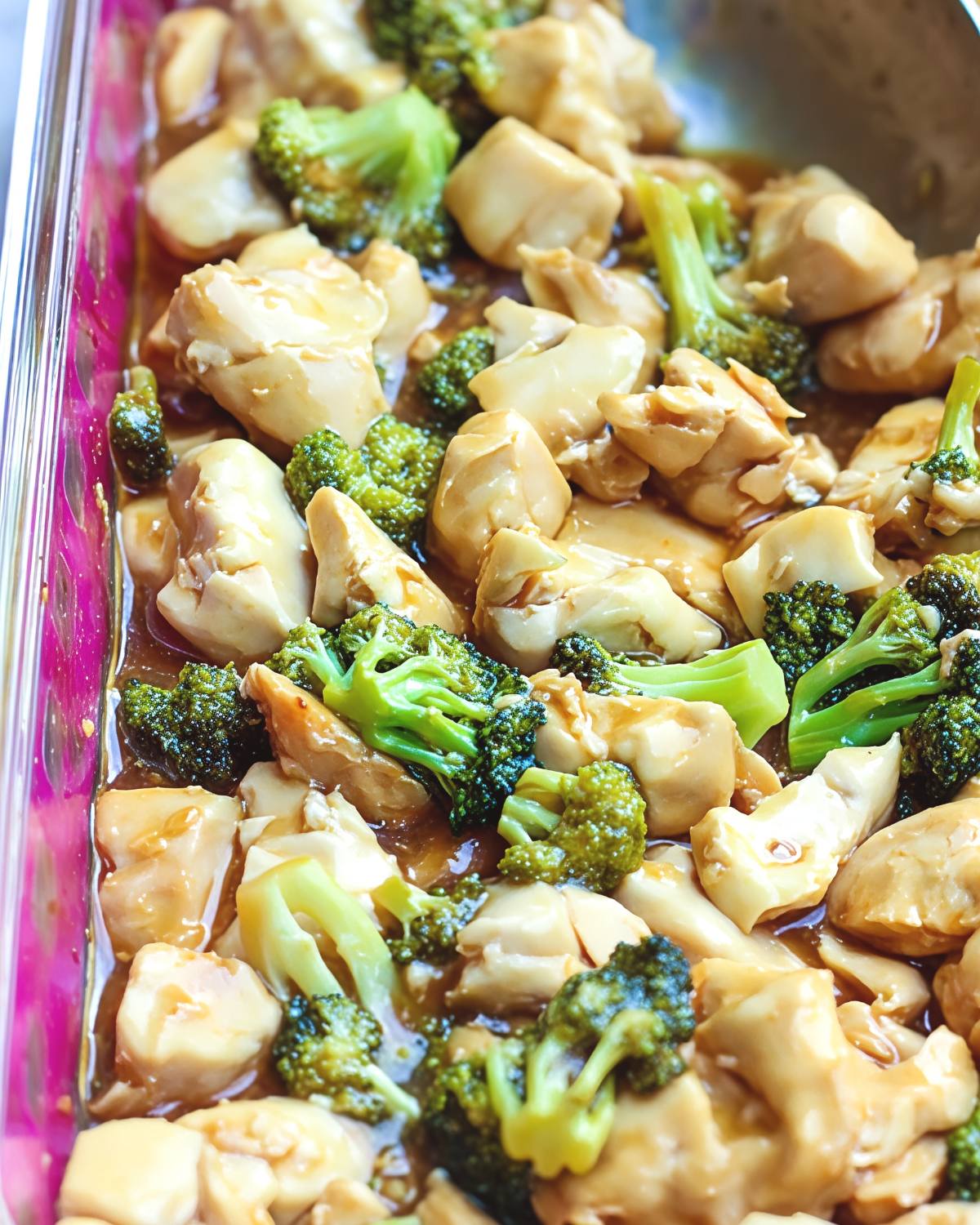 Paleo General Tso's chicken and broccoli baked in a glass casserole dish with a savory sauce.