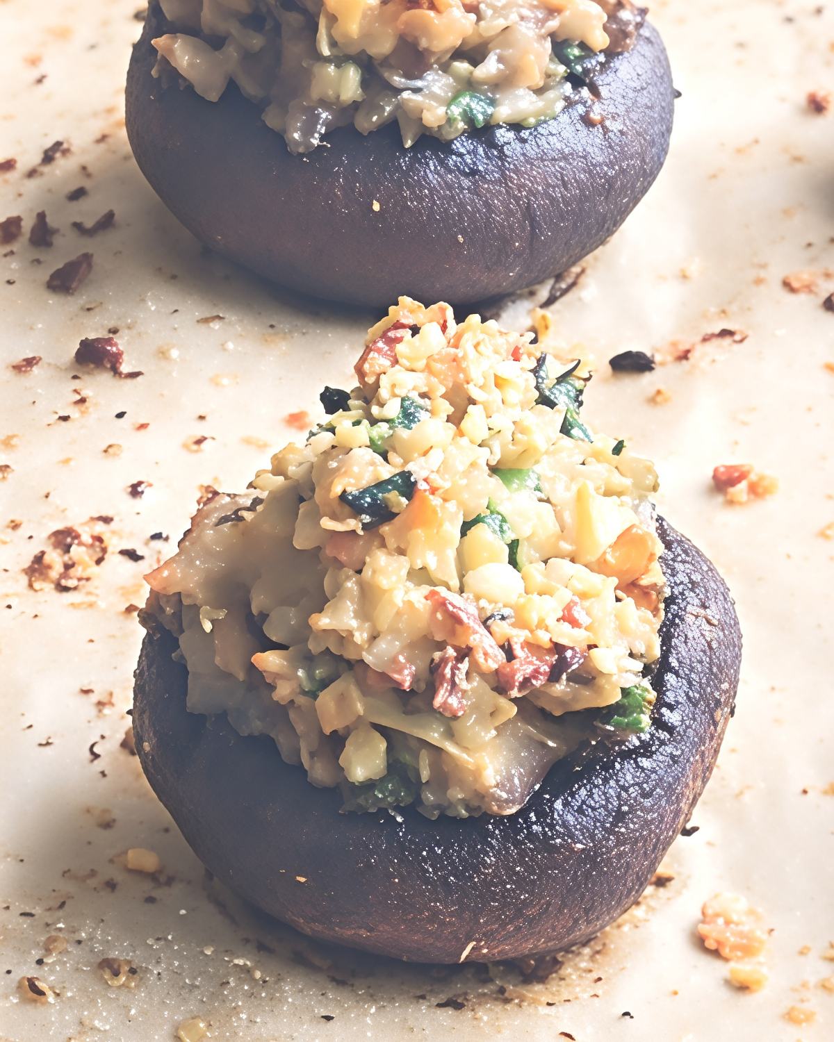 Baked gluten-free stuffed mushrooms filled with savory herbs and breadcrumbs, perfect for vegan Thanksgiving appetizers.