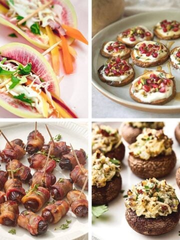 A collage of festive gluten free thanksgiving appetizers including watermelon radish tacos, sweet potato ricotta bites, bacon-wrapped dates, and stuffed mushrooms.