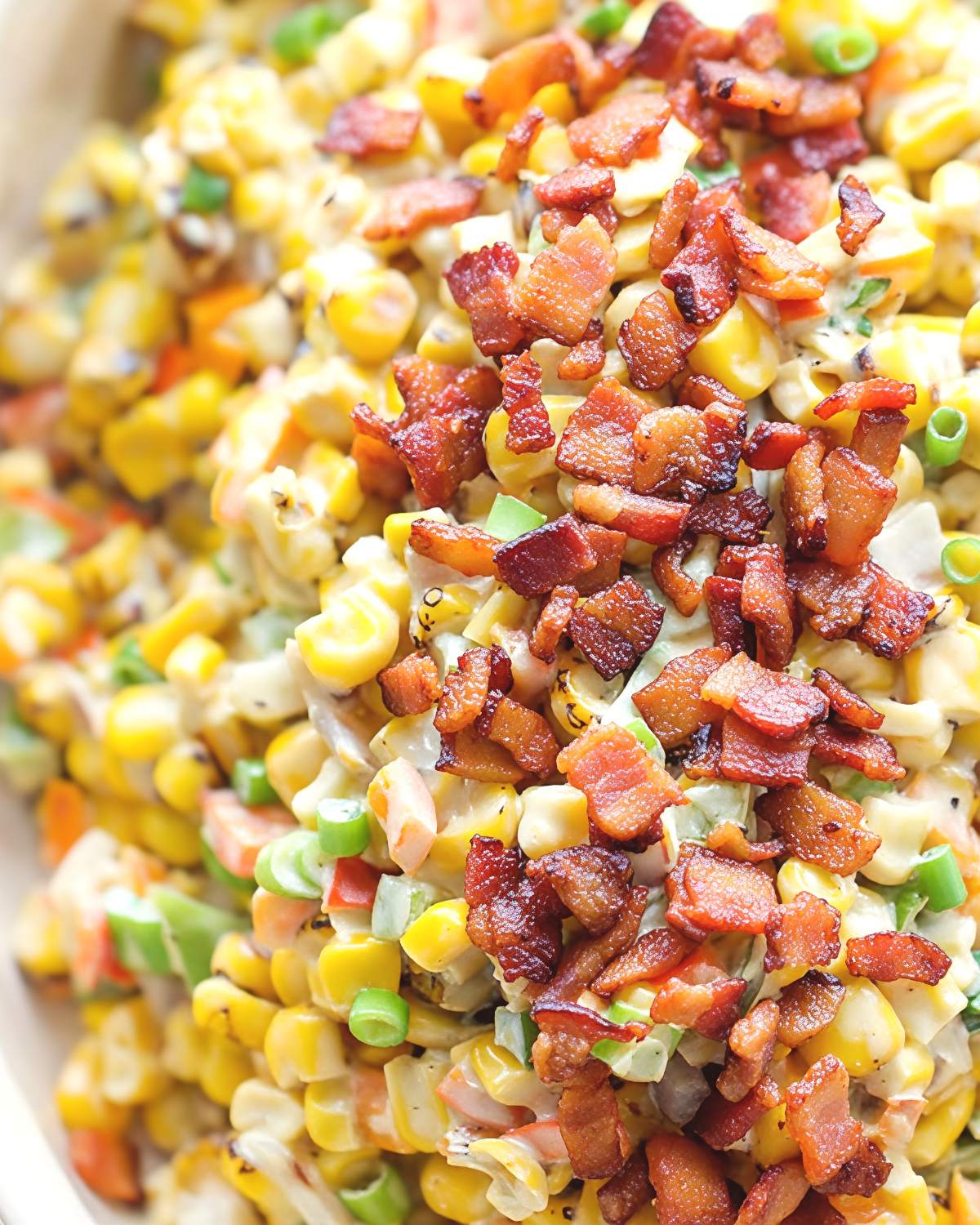 Creamy bacon corn dip topped with crispy chopped bacon and fresh green onions, perfect for crowd-pleasing gluten free thanksgiving appetizers.