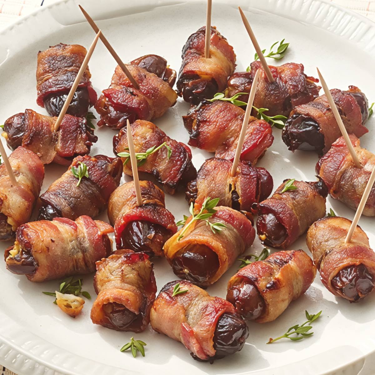 Crispy bacon-wrapped dates stuffed with creamy goat cheese and skewered with toothpicks on a round platter, perfect for party-worthy gluten free thanksgiving appetizers.