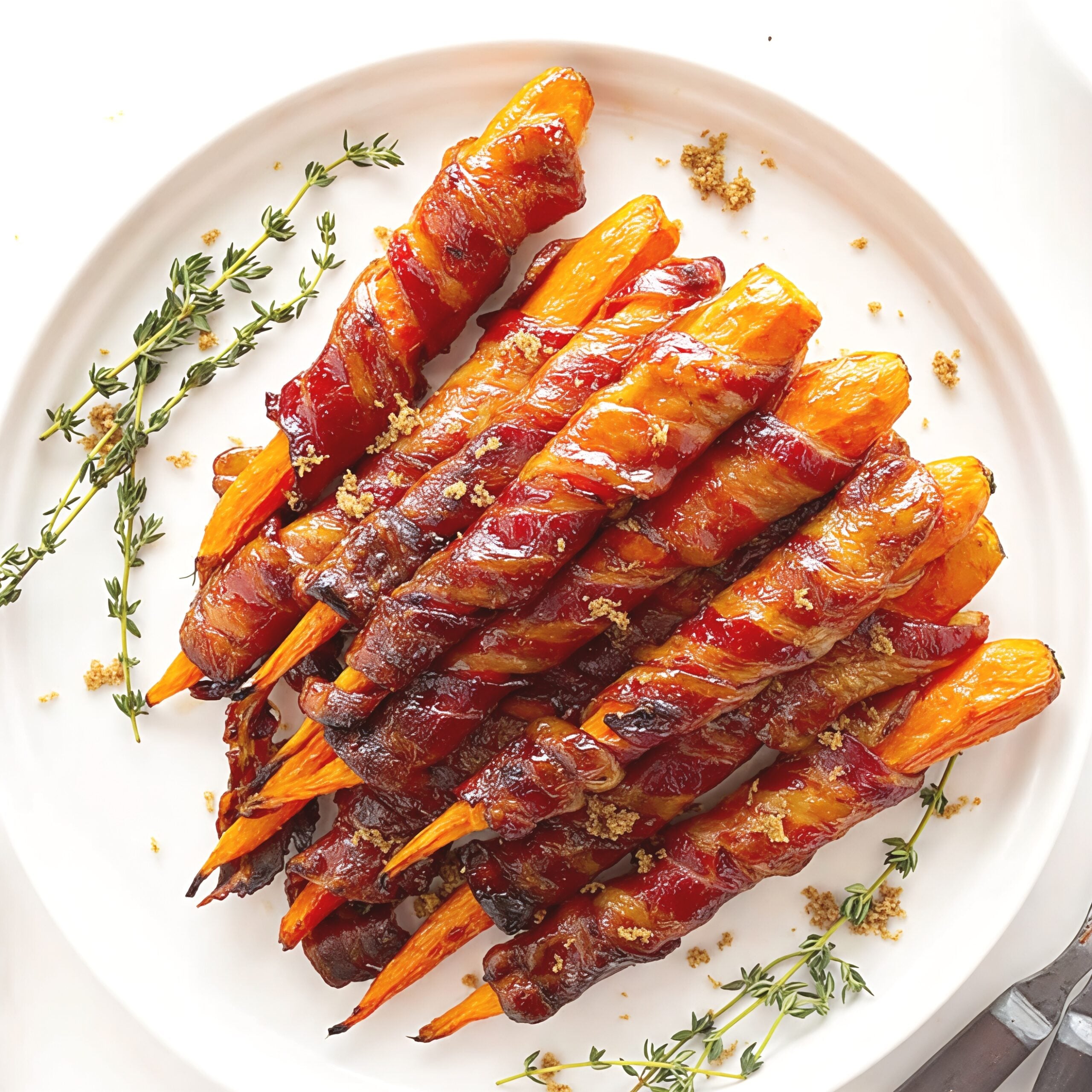 Sweet roasted maple bacon carrots garnished with fresh thyme sprigs and brown sugar on a white serving plate, perfect for festive gluten free thanksgiving appetizers.