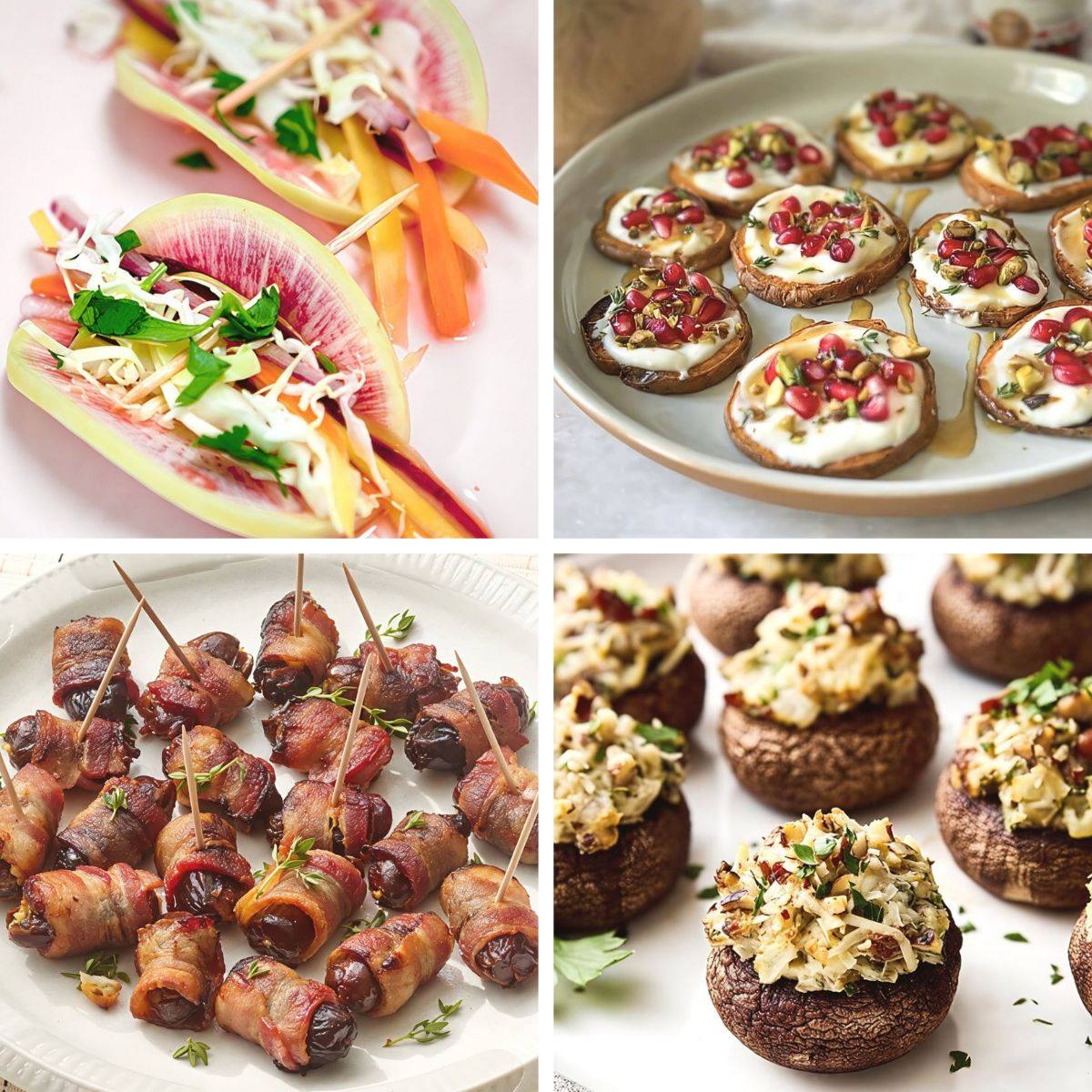 A collage of festive gluten free thanksgiving appetizers including watermelon radish tacos, sweet potato ricotta bites, bacon-wrapped dates, and stuffed mushrooms.