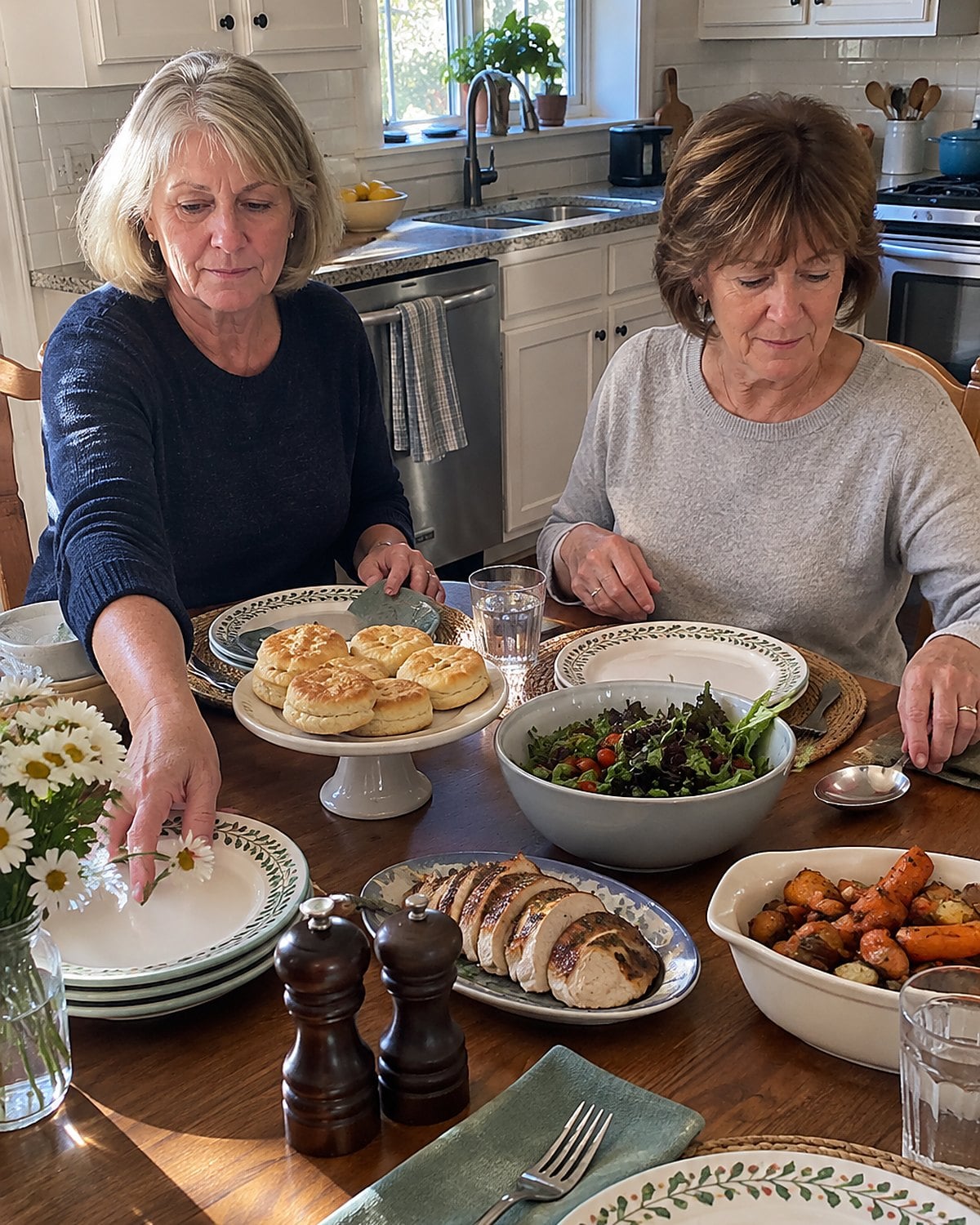 Two women friends at a kitchen table with a cake stand just before dinner, one reaching for a plate while the other sets down a serving spoon, neither posing.