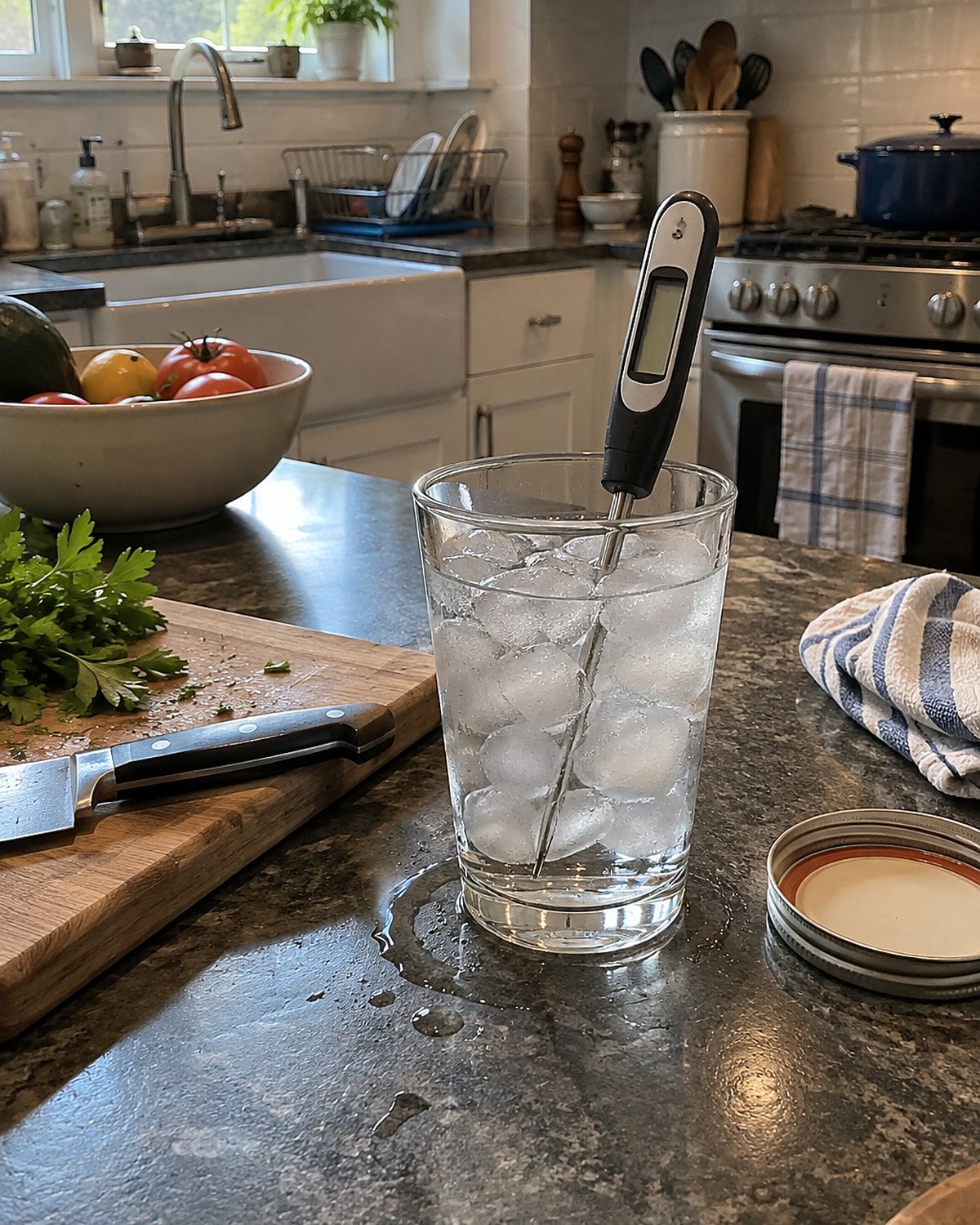 An instant-read thermometer held in a glass packed with ice and water on a kitchen counter.