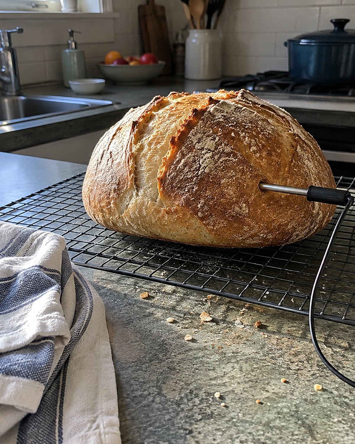 A homemade bread loaf cooling on a wire rack, with a thermometer probe entering through its side.