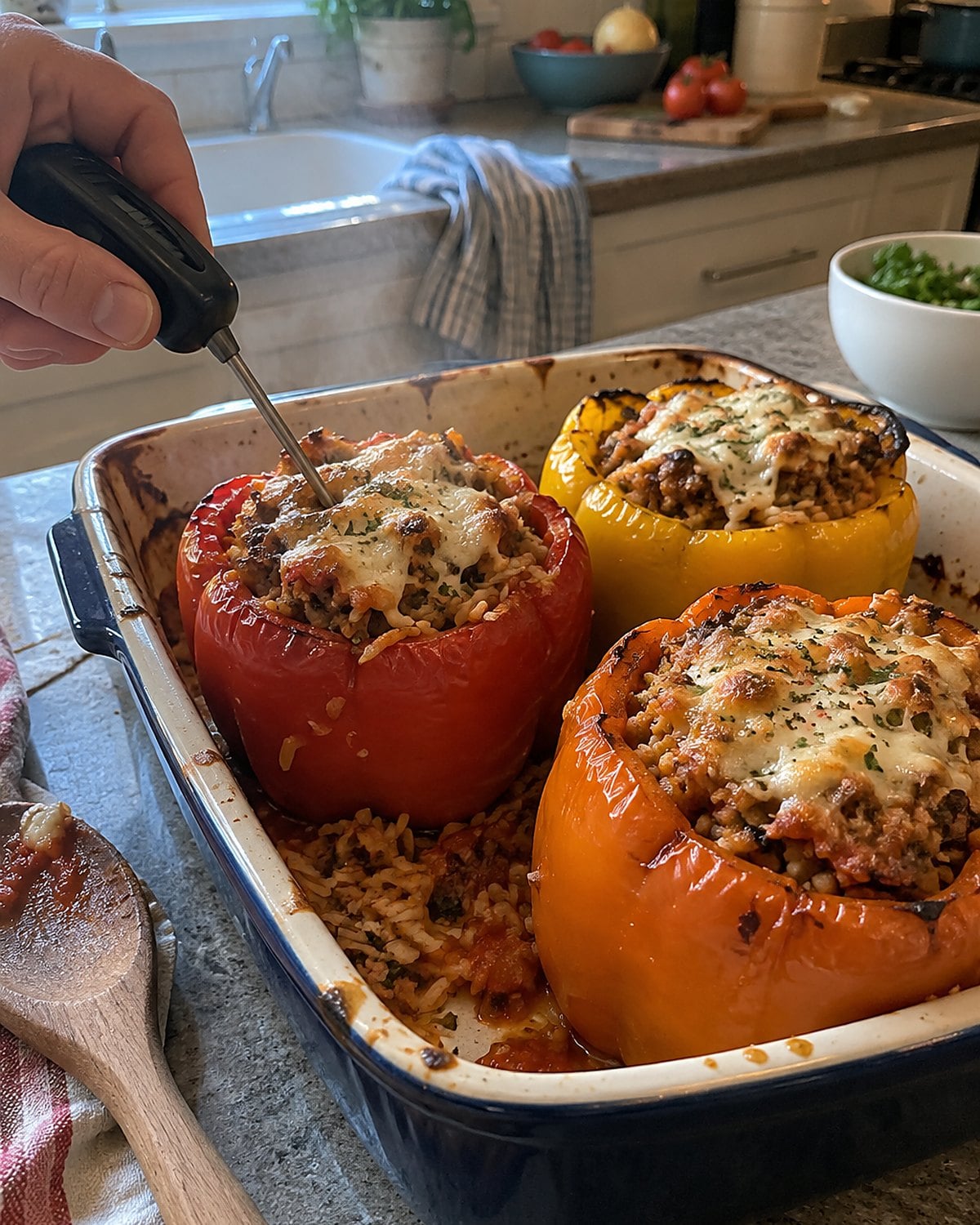 Three stuffed peppers in an uneven baking dish, with a probe in the filling of the largest one.