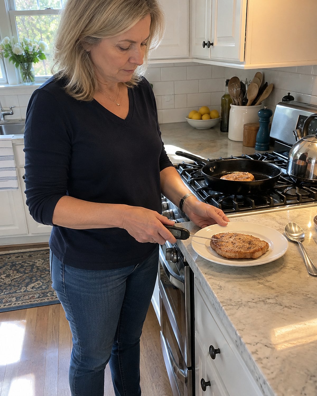 A hand guiding a thermometer sideways through a thin cutlet on a plate beside the stove.