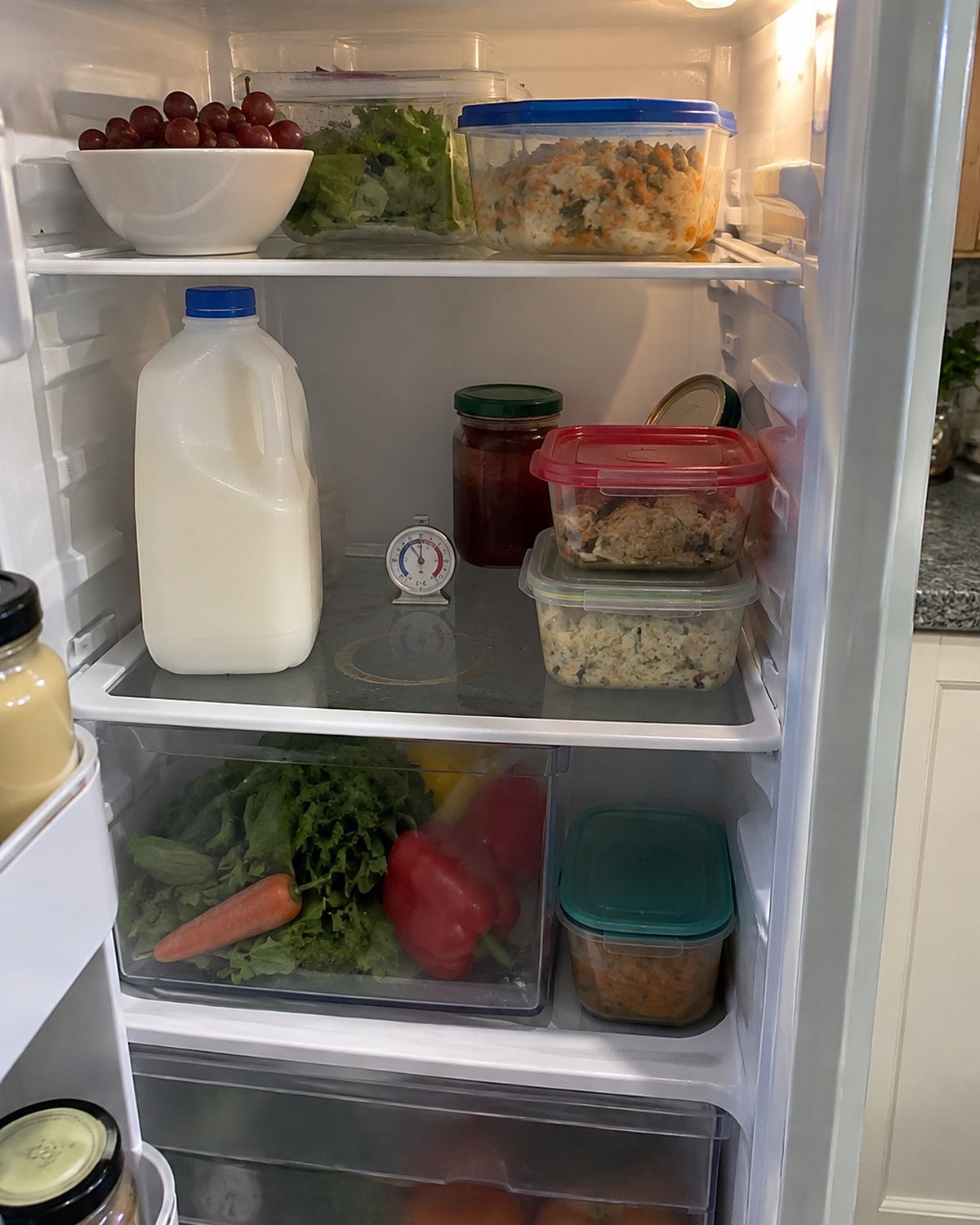 A small refrigerator thermometer on a middle shelf between a milk carton and leftover containers.