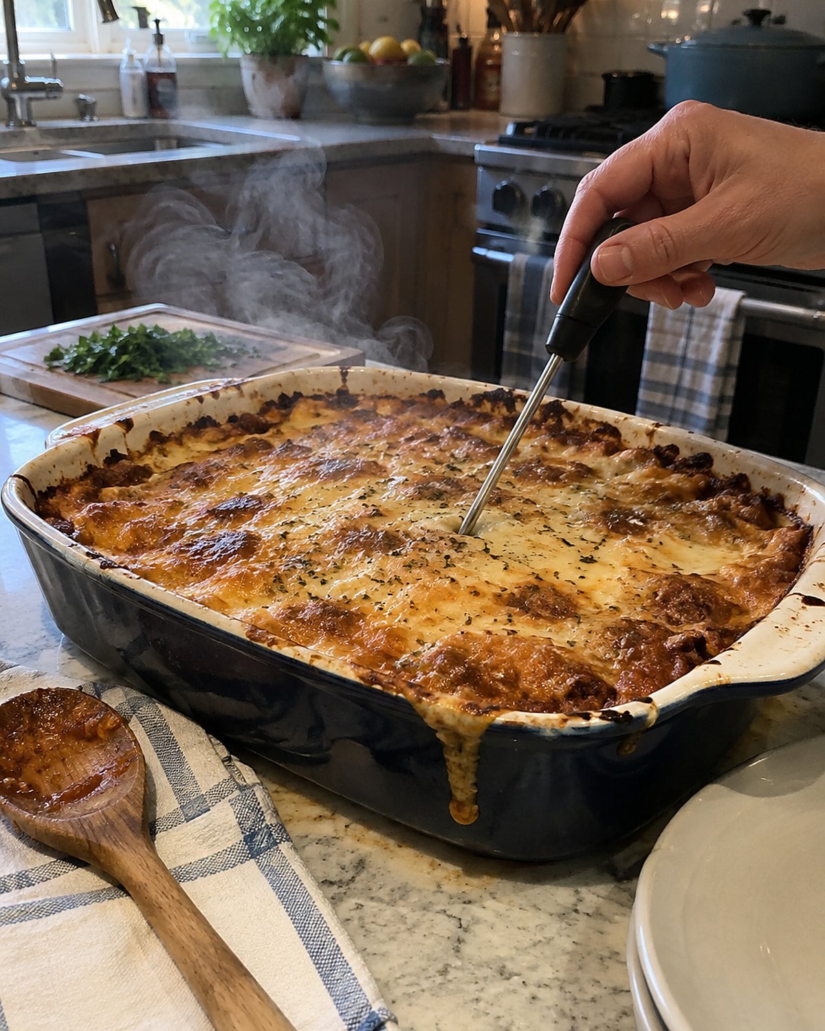 A bubbling casserole in a baking dish with a thermometer placed through the middle, not the browned edge.