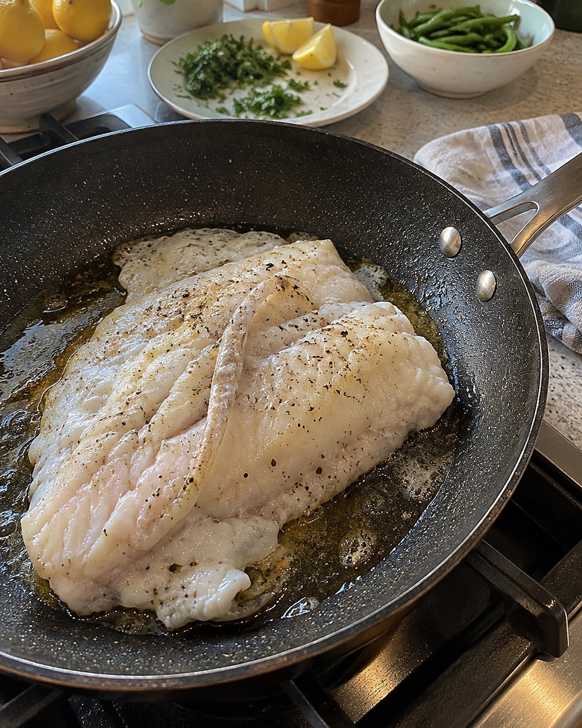 A thick fish fillet in a skillet with its thin tail folded over the center.