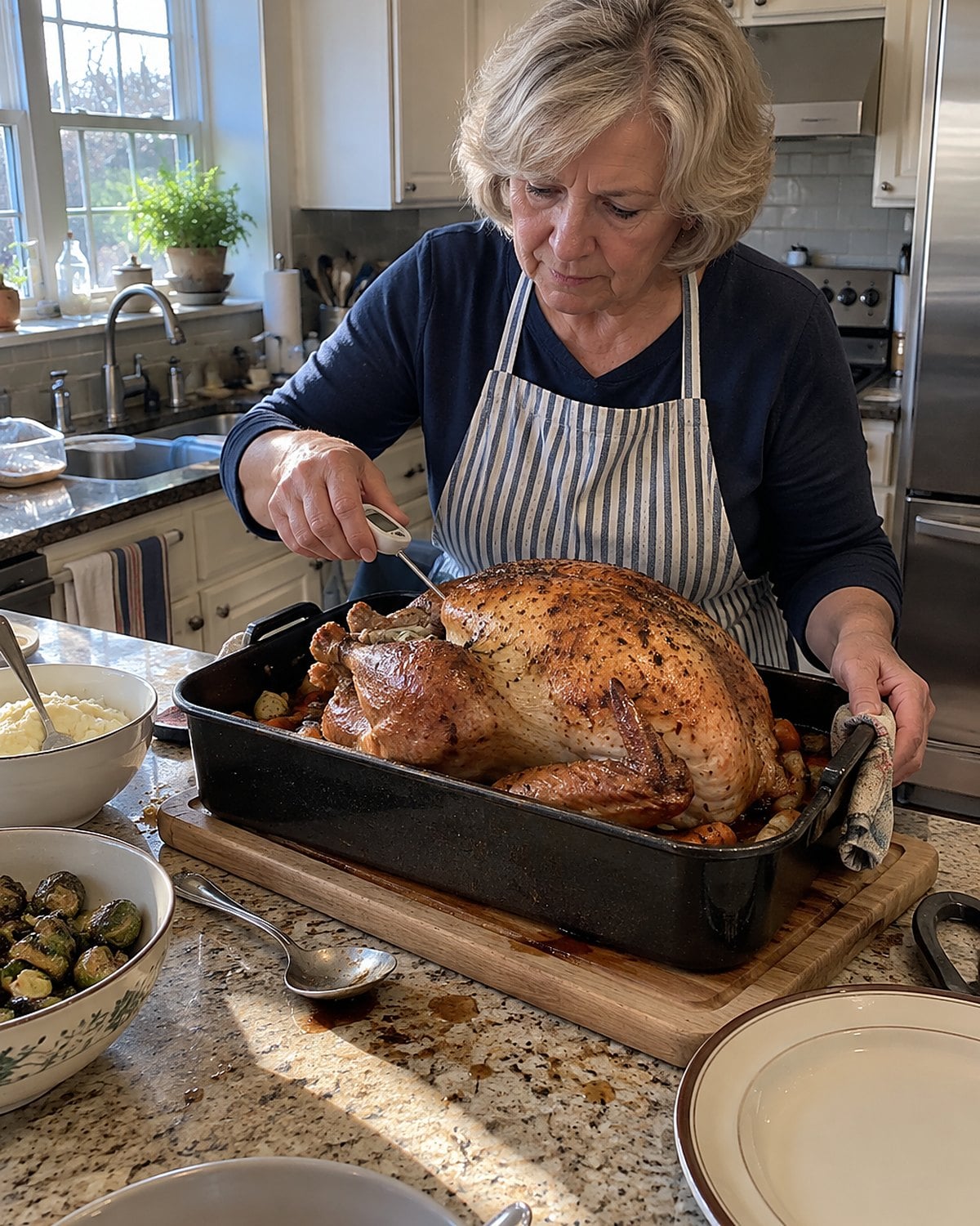 Hands checking the thigh of a roast turkey on a crowded kitchen counter.