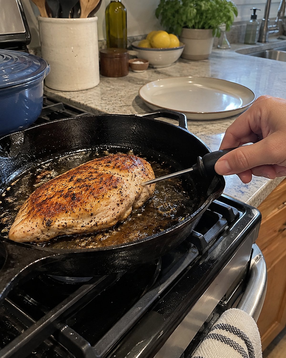 A browned chicken breast in a cast-iron skillet on a home stove, with a thermometer entering its thick end from the side.