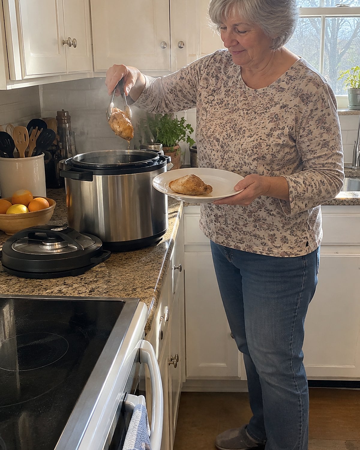 An open Instant Pot on the stove-side counter, with steam rising as hands lift a chicken piece onto a plate.