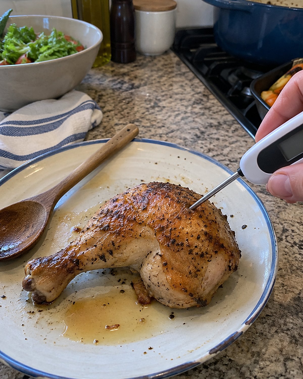A thermometer probe held just clear of the bone in a cooked chicken leg.