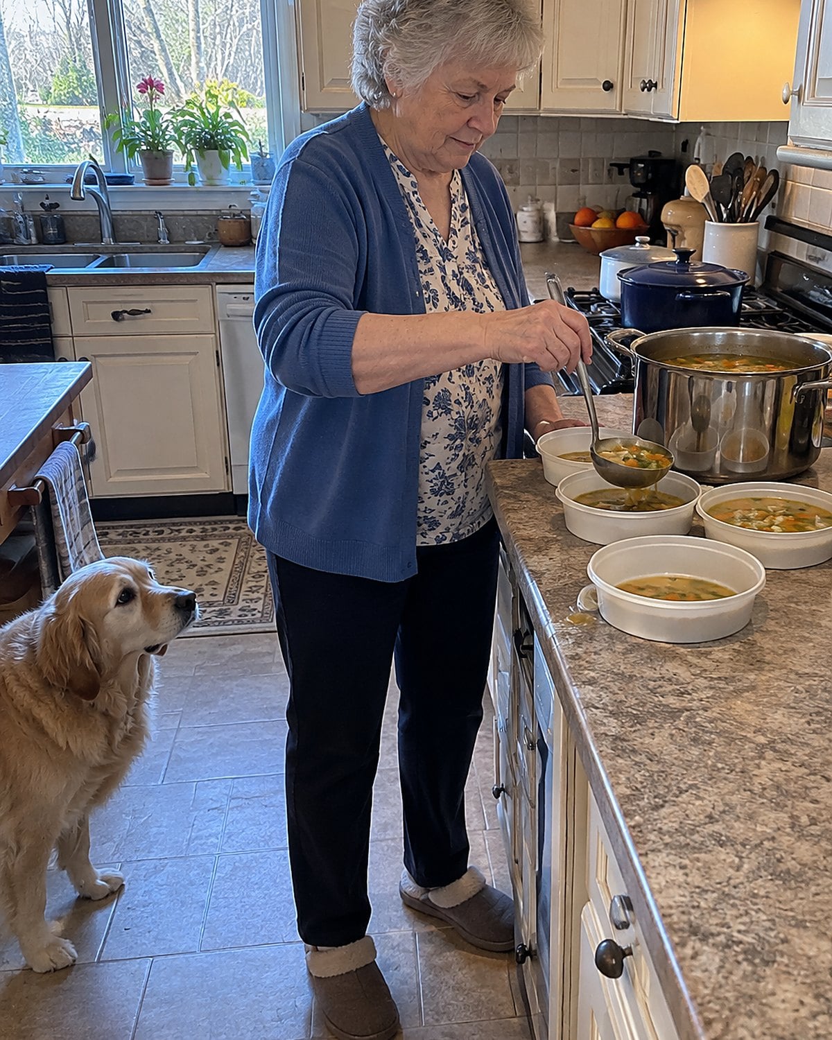 A stockpot of soup beside several shallow containers being filled at the counter.